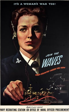 Original Vintage Military Recruitment Poster Womans War Too Join The Waves WWII