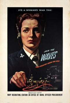 Original Vintage Military Recruitment Poster Womans War Too Join The Waves WWII
