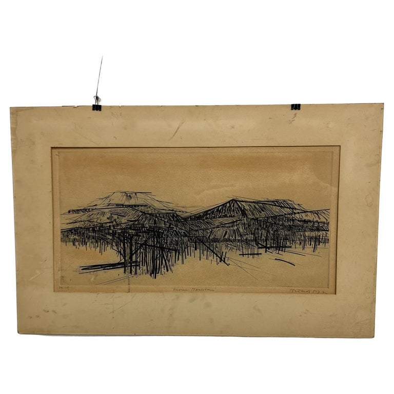 Vintage Modern Art Original Architectural Block Print Signed For Sale at 1stDibs