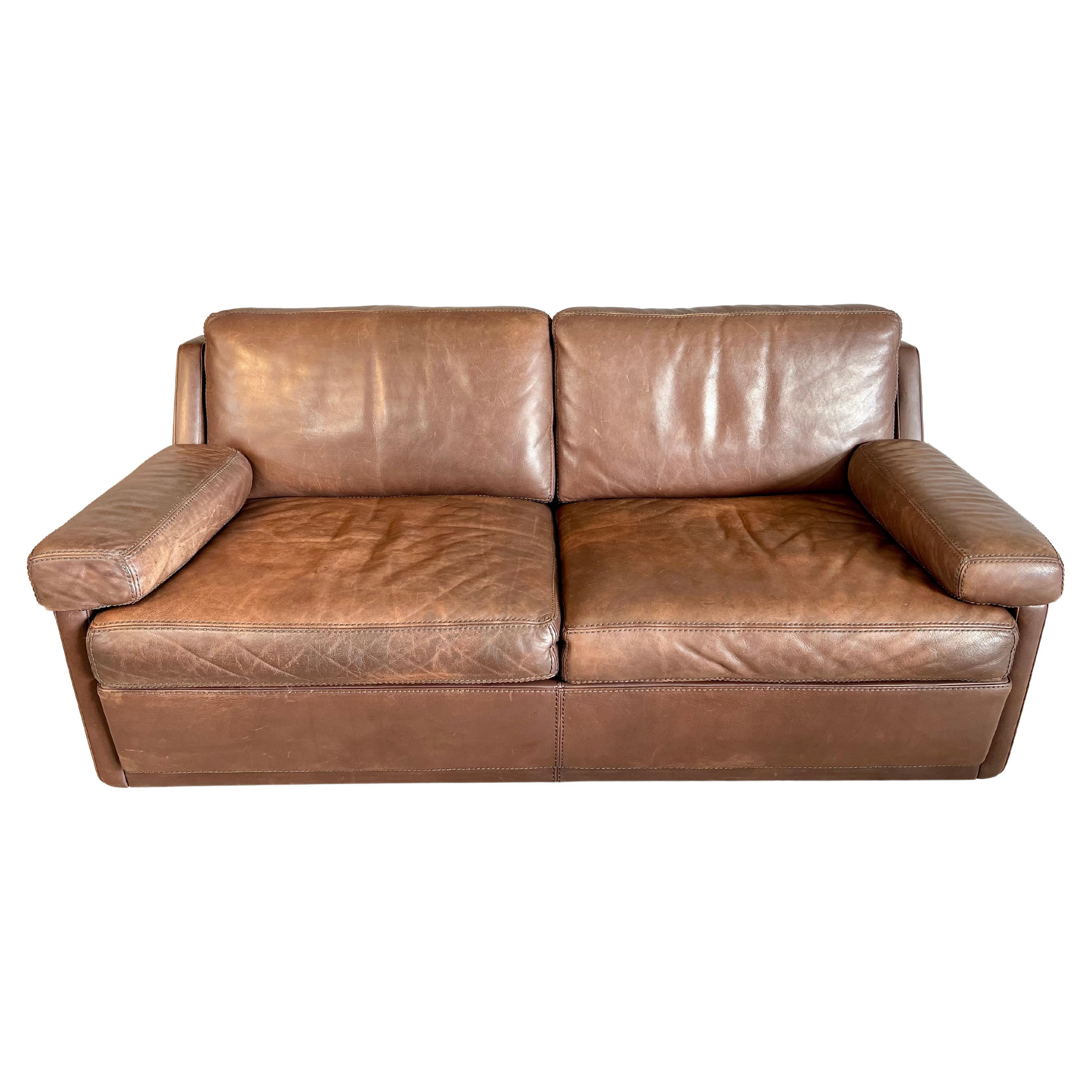 Original Vintage Modern Cognac Leather Sofa by Durlet, Belgium, 1970s For Sale