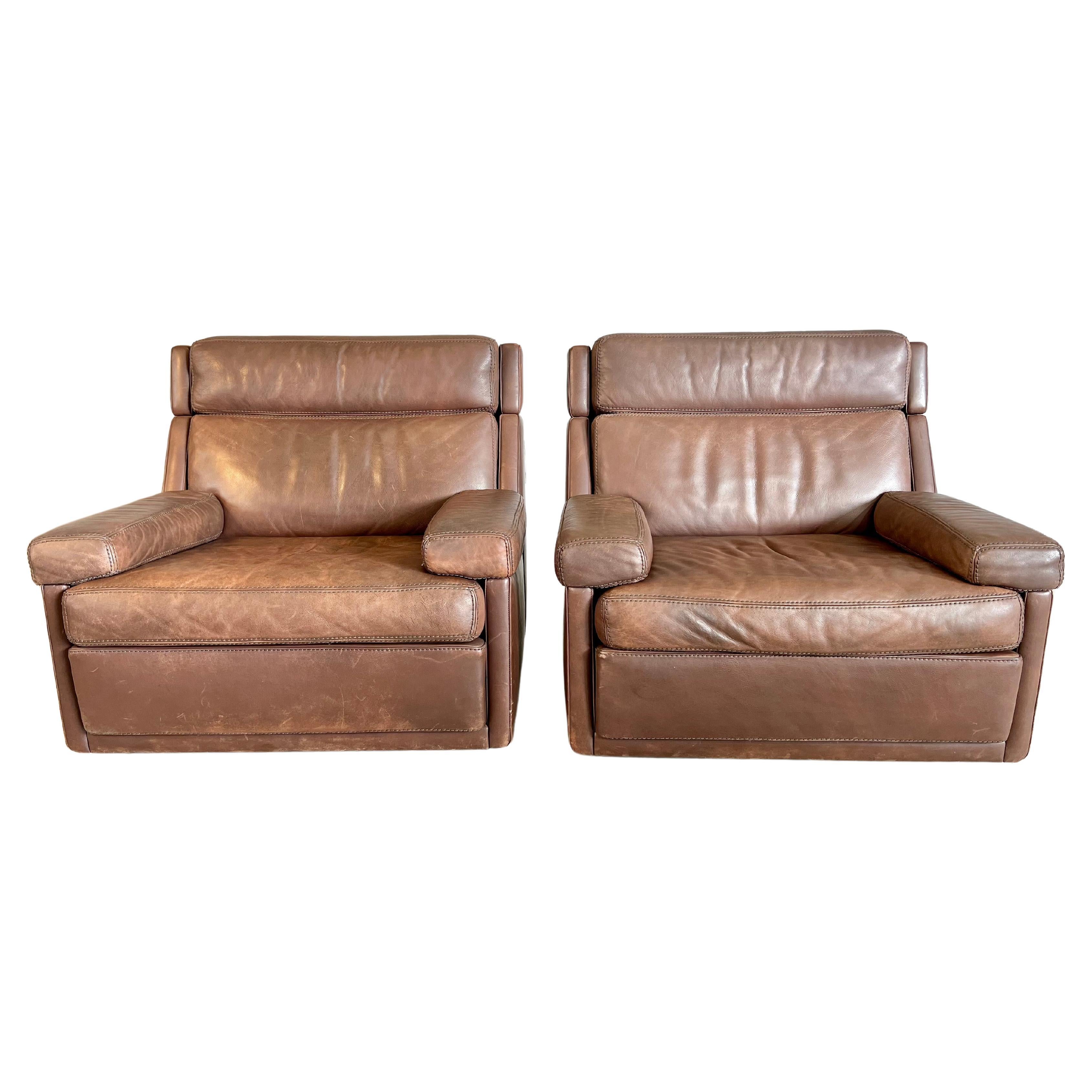 Original Vintage Modern Leather Armchairs by Durlet, Belgium, 1970s - a Pair