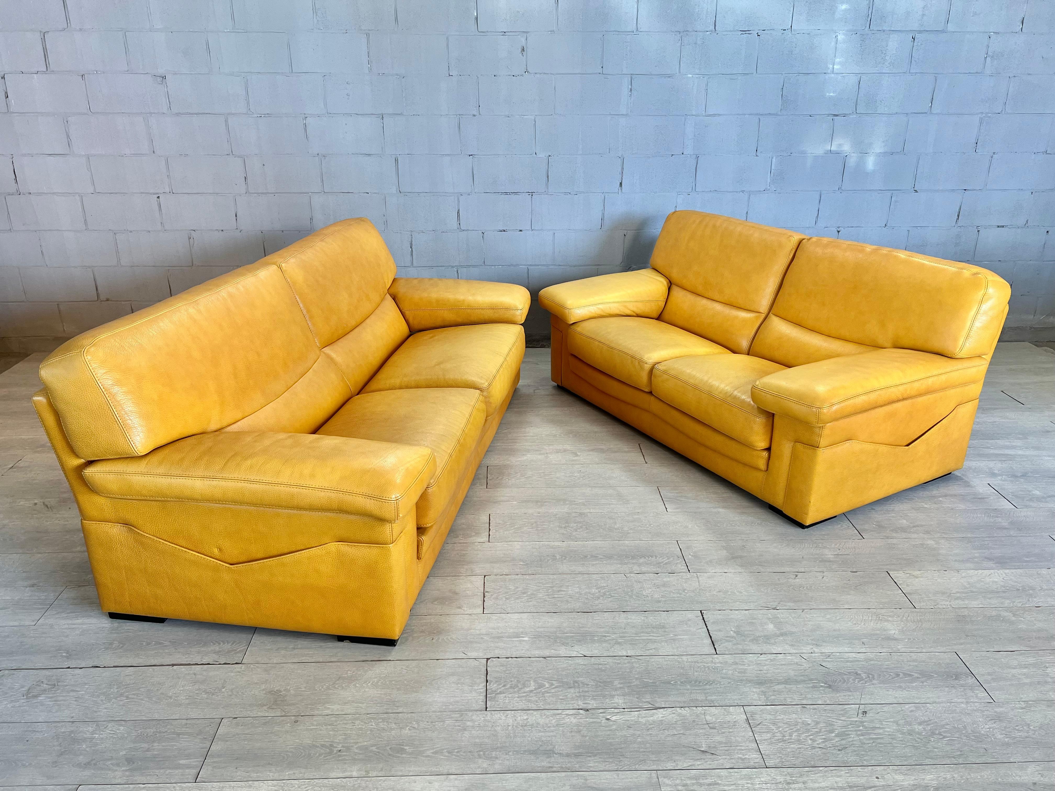 Original Vintage Modern Yellow Leather Sofa Lounger by Roche Bobois, Stamped 5