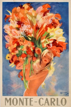 Original Vintage Monaco Travel Poster Monte Carlo Domergue Flower Girl
