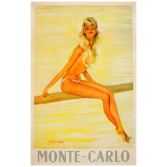 Original Retro Monte Carlo Travel Poster Ft. Pin Up Style Girl On Diving Board