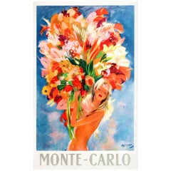 Original Vintage Monte Carlo Travel Poster Pin-Up Style Flower Girl par Domergue