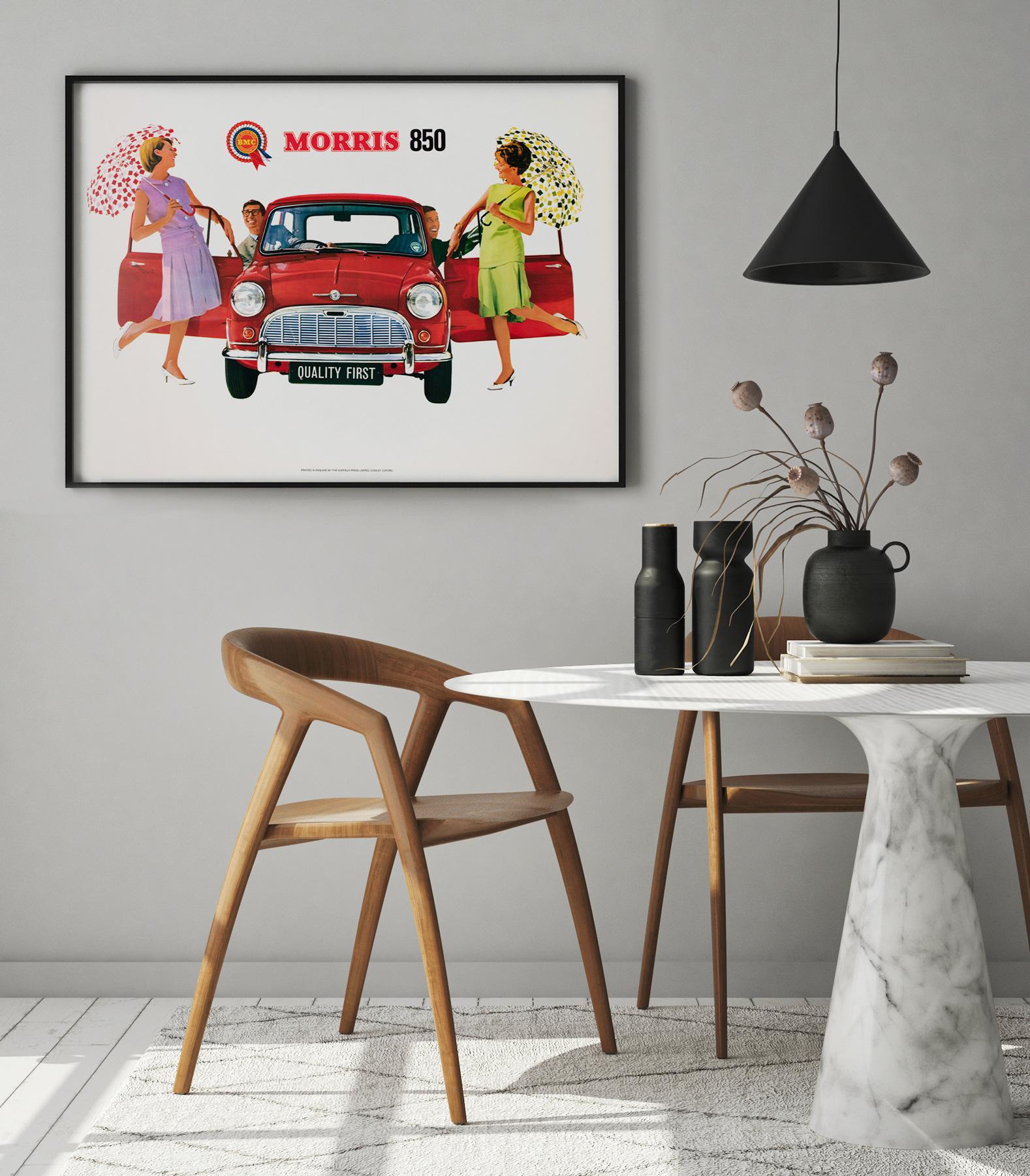 Original vintage advertising poster for the iconic Morris 850 Mini car, quality first, BMC The British Motoring Corporation. Fantastic design featruing a classic retro image of a red Mini. Strong bright colours and wonderful condition. The original