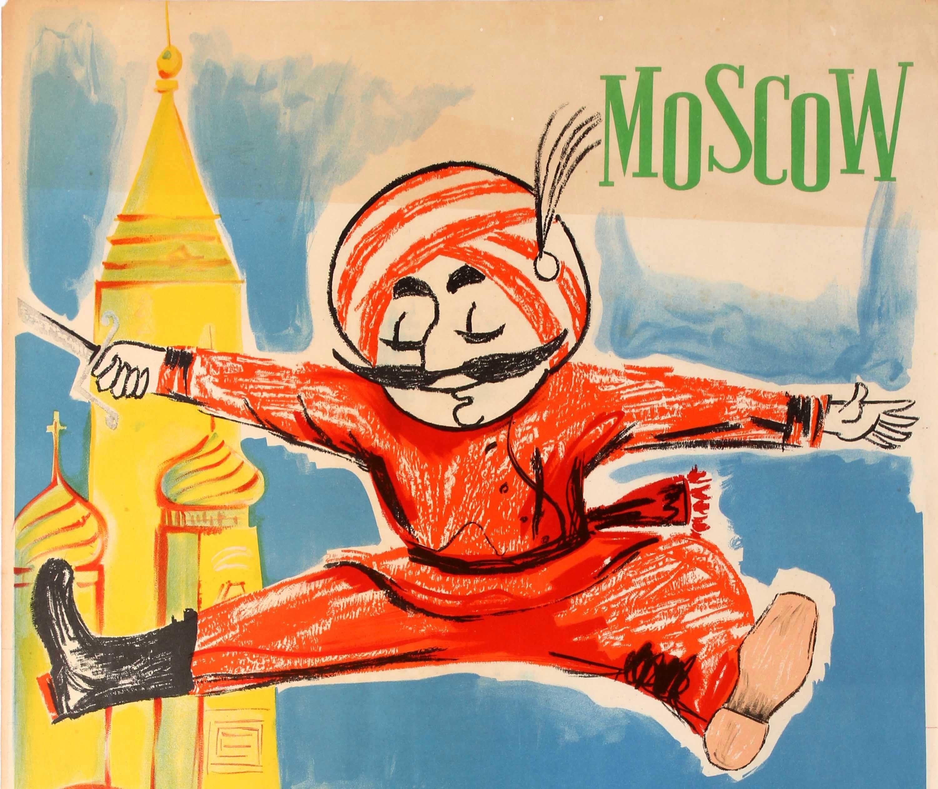 Original vintage Air India travel poster advertising the capital of Russia - Moscow - featuring a fun and colourful image of the Air India mascot, a Maharajah, wearing three different outfits Cossack dancing and jumping in Red Square with the ground
