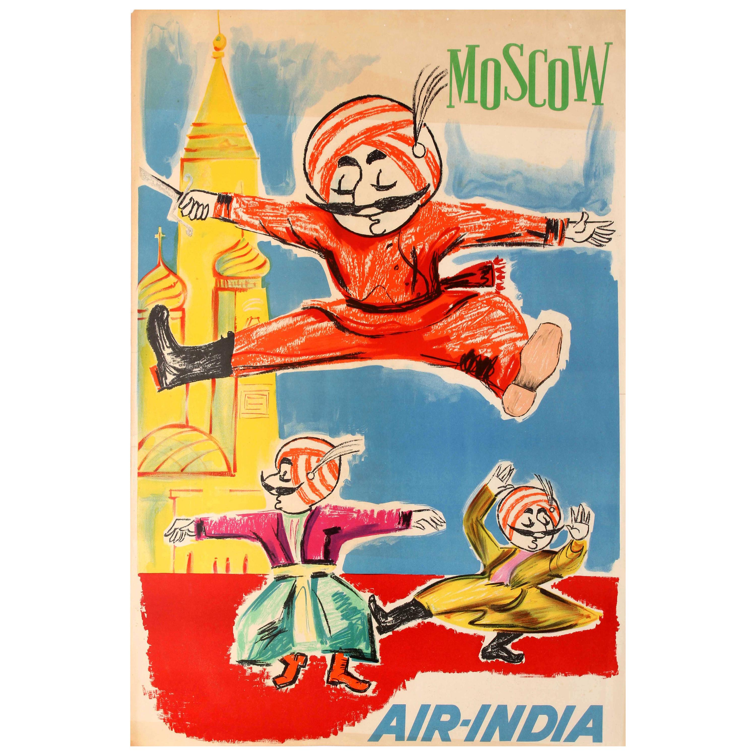 Original Vintage Moscow Air India Poster Maharajah Cossack Dancing on Red Square