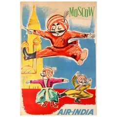 Original Retro Moscow Air India Poster Maharajah Cossack Dancing on Red Square