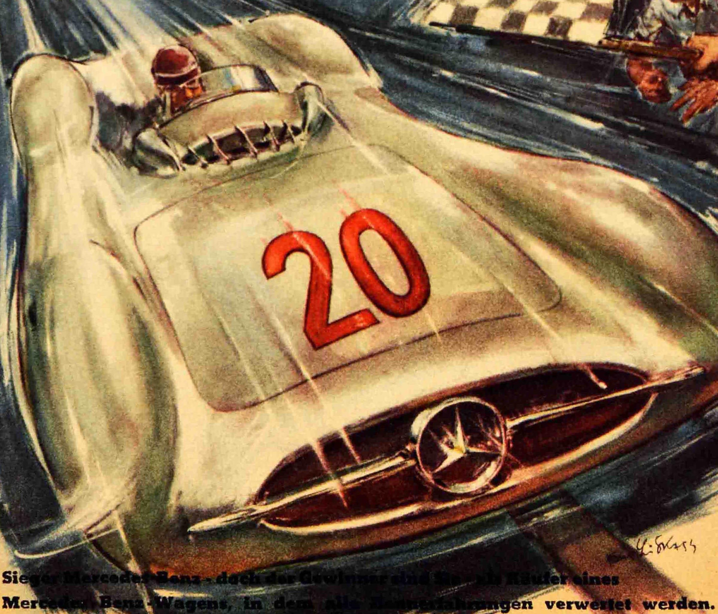Cartel publicitario original de época del deporte del motor que celebra la victoria de Mercedes Benz en el Gran Premio de Francia de 1954 - erringt in hartem Kampf gegen internationale Konkurrenz einen uberlegenen Doppelsieg im Grossen Preis von