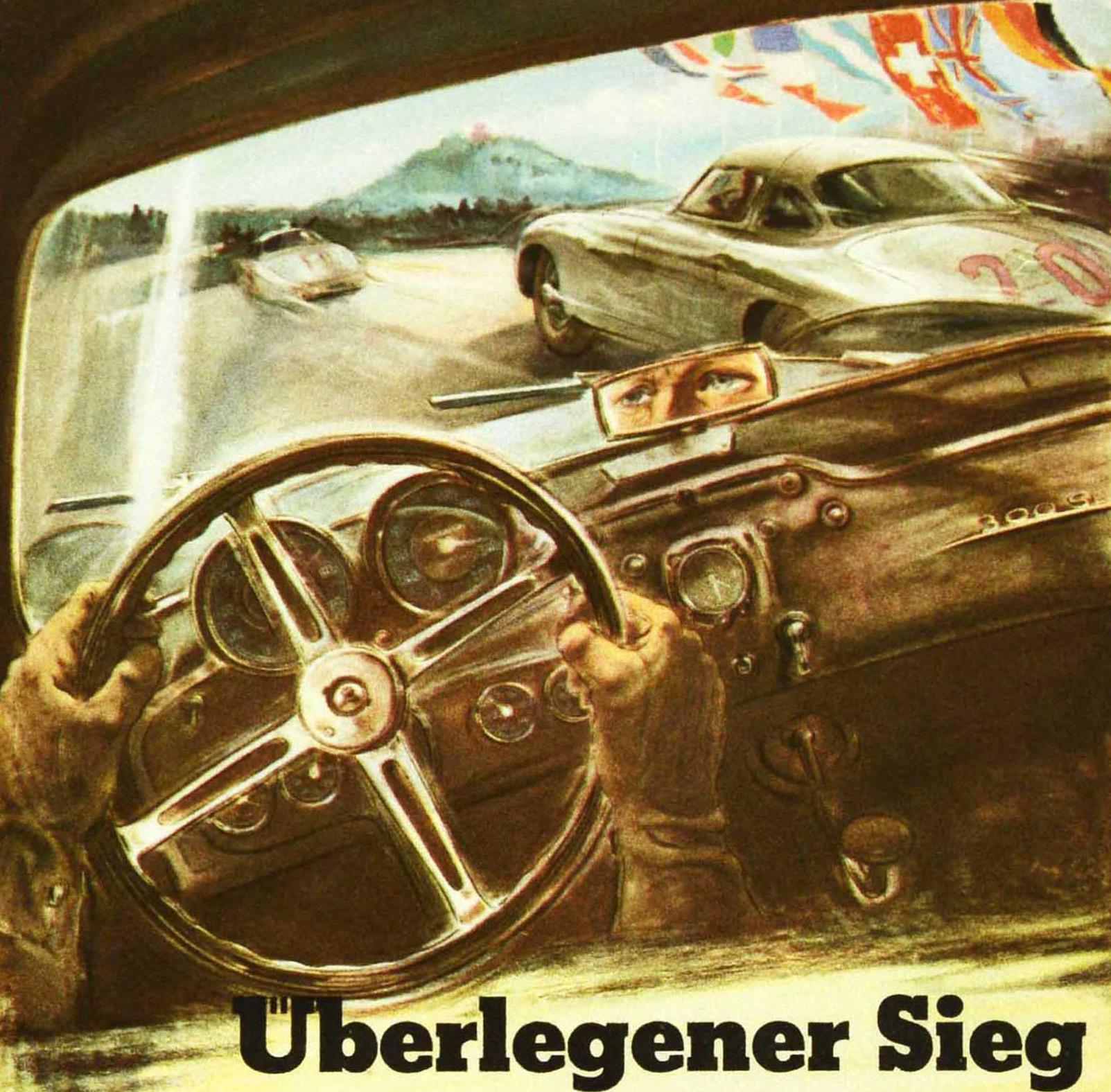 Original vintage motor sport advertising poster celebrating the Mercedes-Benz victory at the Nurburgring Great Jubilee Prize for sports cars setting the fastest lap and a new track record - Mercedes Benz Uberlegener Sieg im Grossen Jubilaumspreis