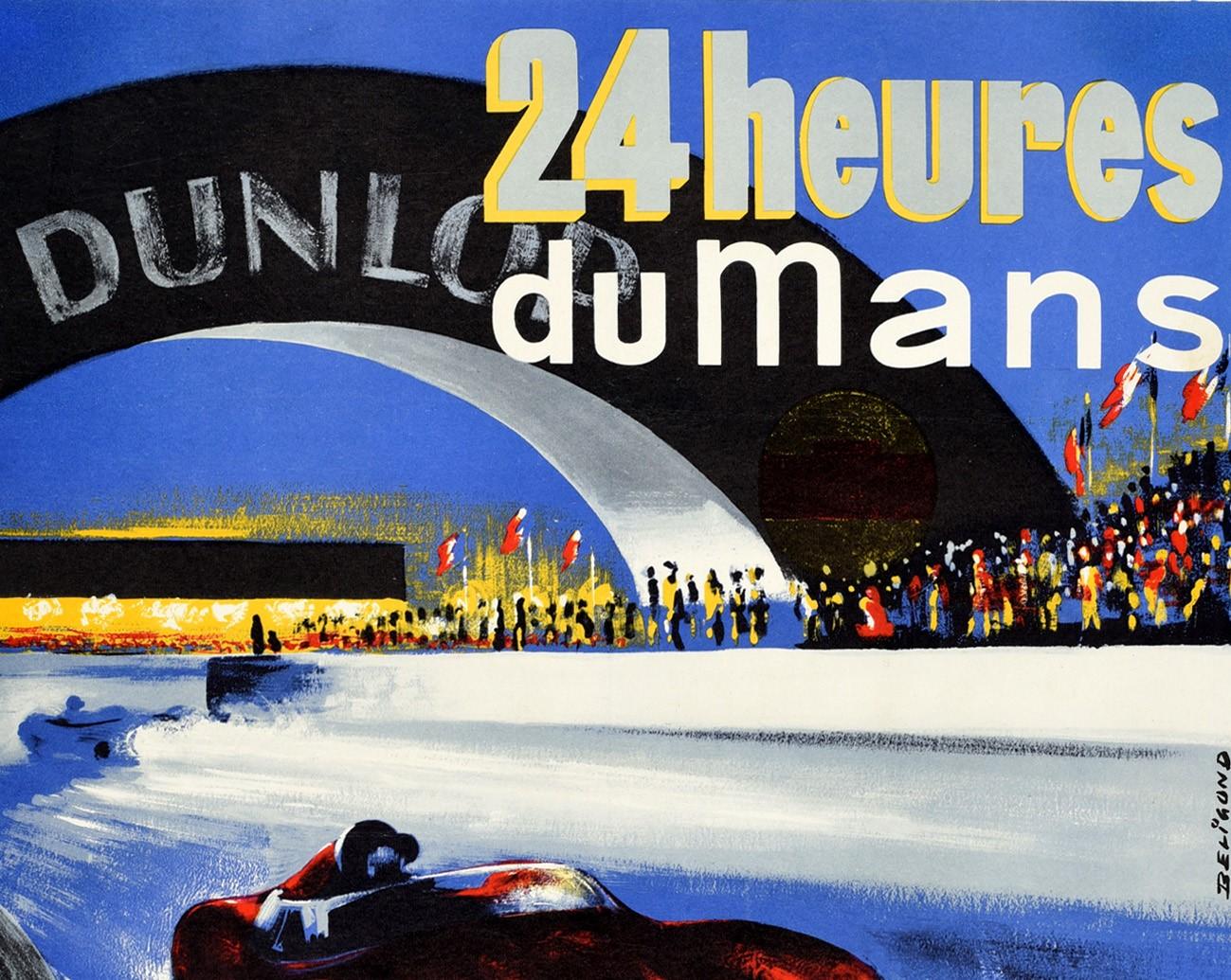 Original vintage motor sport poster for the 24 Heures du Mans on 21 and 22 June 1958. Great artwork by Michel Beligond (1927-1973) of a red number 24 race car driving at speed on the race track towards the viewer with its headlights on, another