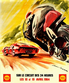 Original Vintage Motor Sport Poster 24 Heures du Mans Motorcycle Car Race