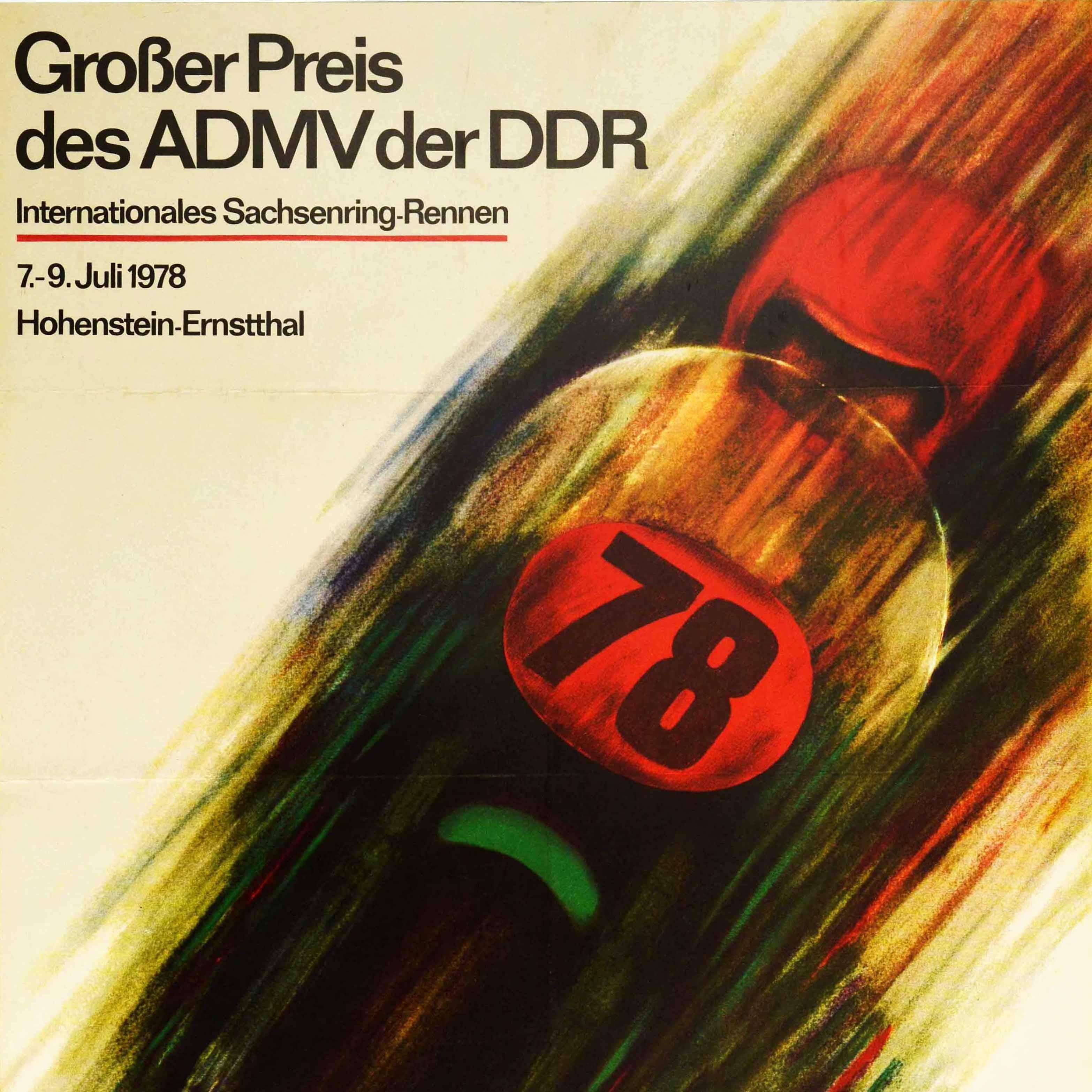 Original vintage sport poster advertising the Grosser Preis des ADMV der DDR Internationales Sachsenring-Rennen / ADMV Grand Prix Race of the German Democratic Republic held at the Hohenstein-Ernstthal Sachsenring motorsport racing circuit on 7-9