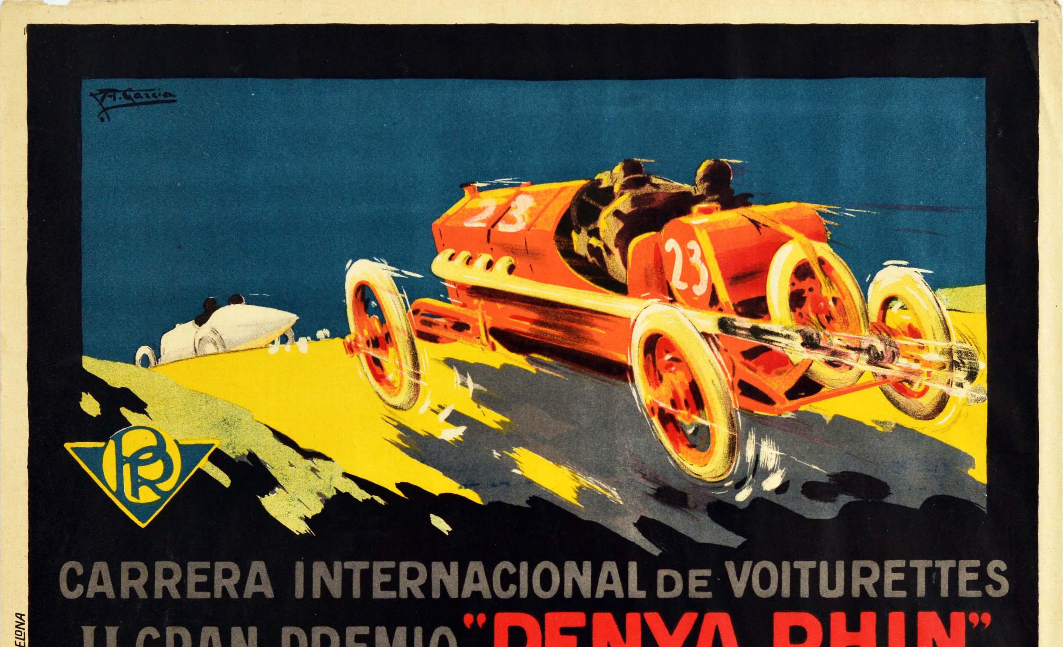 Original vintage motor car sport poster advertising the II Gran Premio Penya Rhin Grand Prix auto racing event on the Circuito Villafranca del Panades circuit on 29 October 1922 organised by the Carrera Internacional de Voiturettes featuring a