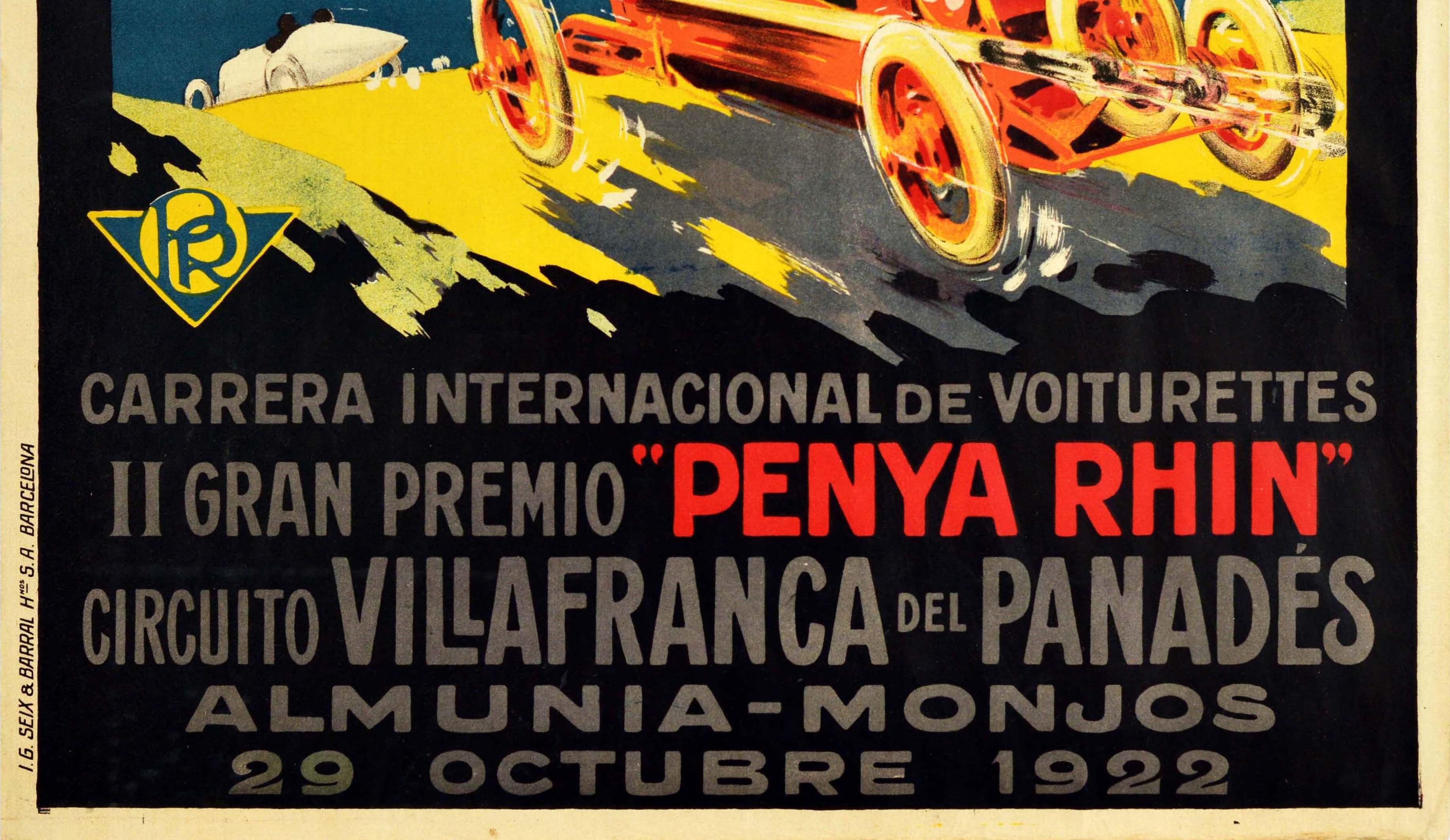 Spanish Original Vintage Motor Sport Poster Gran Premio Penya Rhin Grand Prix Car Racing