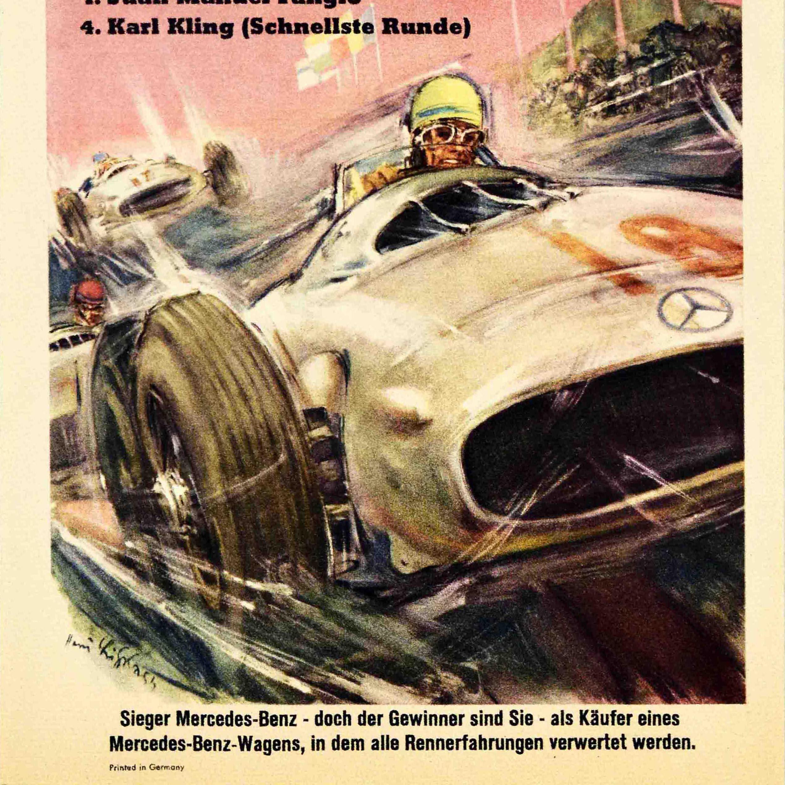 Original Vintage Motor Sport Poster Mercedes Benz Silberpfeile Silver Arrow Art In Excellent Condition For Sale In London, GB