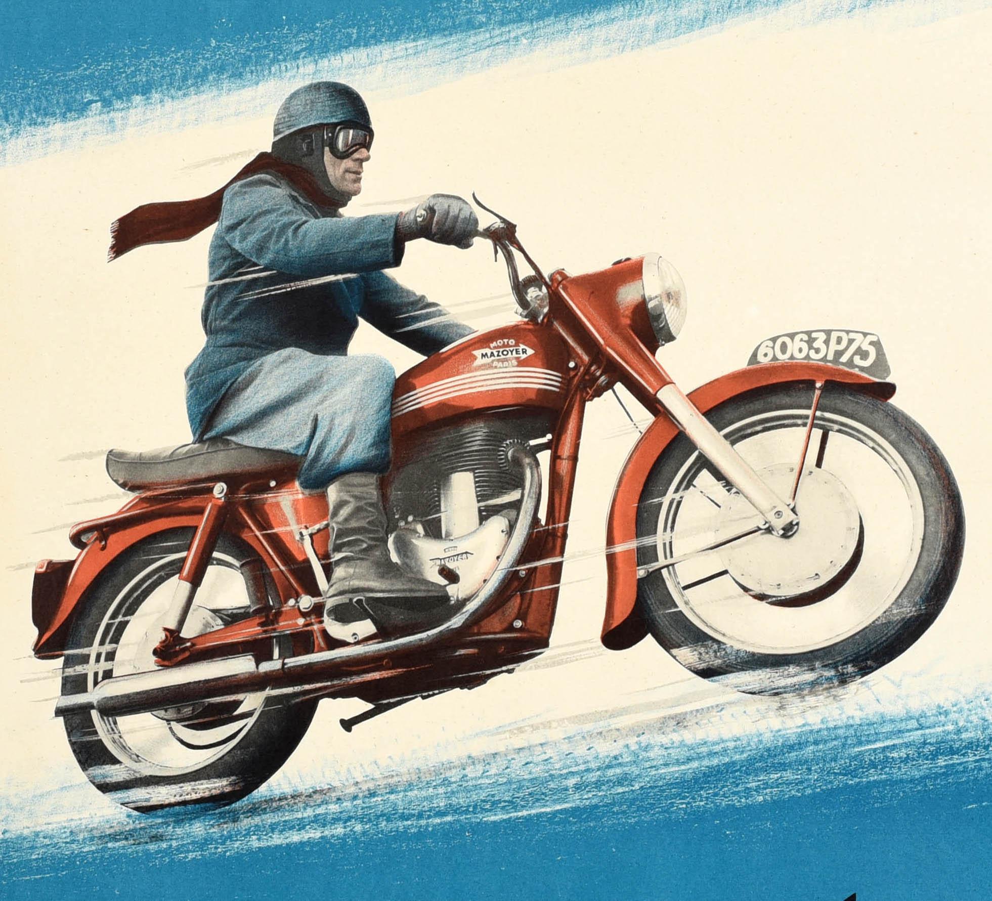 Affiche publicitaire originale pour Moto Mazoyer Paris Vitesse Confort Souplesse Securite avec la nouvelle 500 c3 sport Mazoyer Motorcycles Speed Comfort Flexibility Safety with the new 500 c3 sport Mazoyer. Superbe dessin représentant un homme