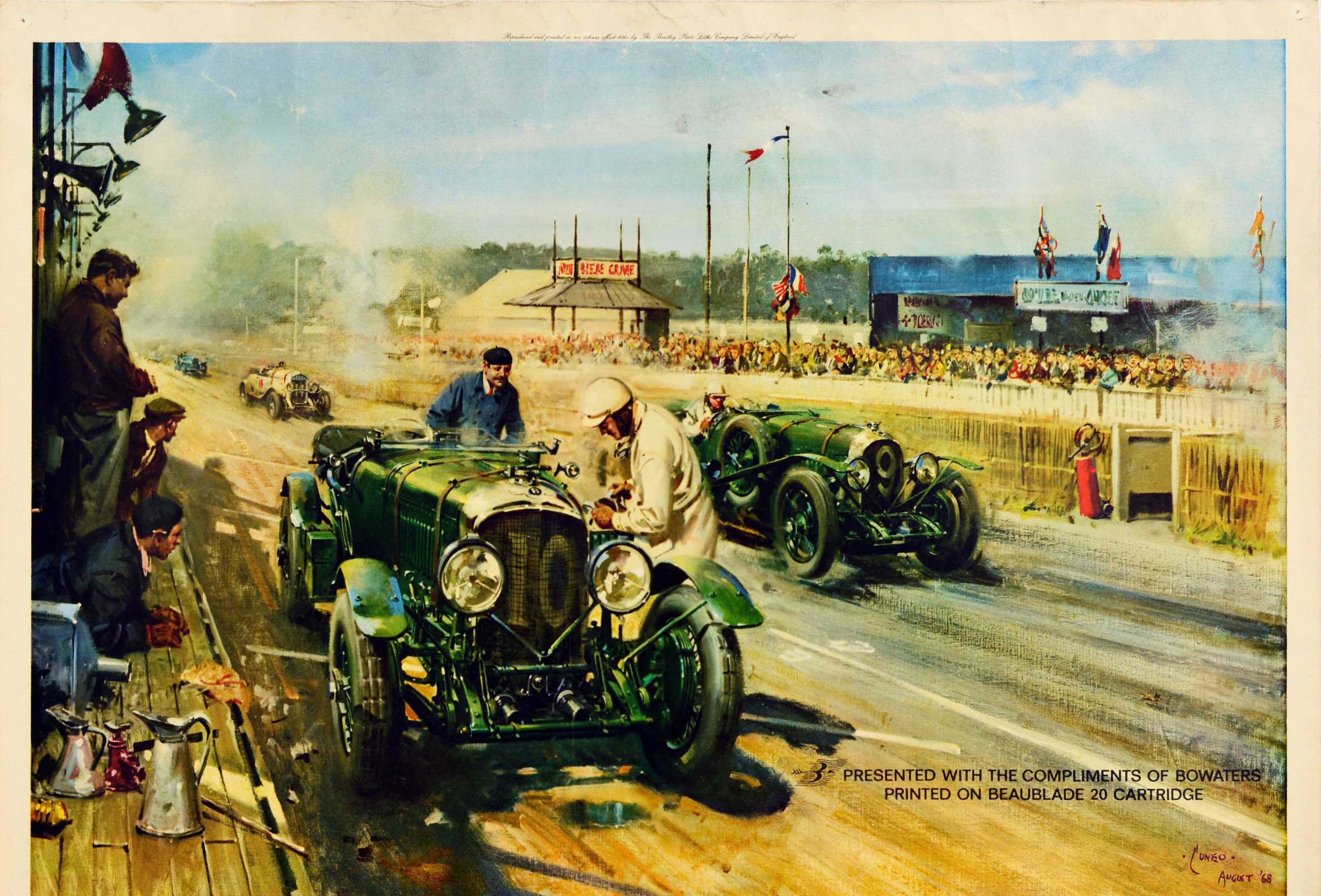 Original vintage motor sport poster titled Bentleys at Le Mans, 1929 celebrating the wins by the British car manufacturer Bentley Motors at the 24 Heures du Mans endurance car race in June 1929. Dynamic painting by the notable British artist Terence