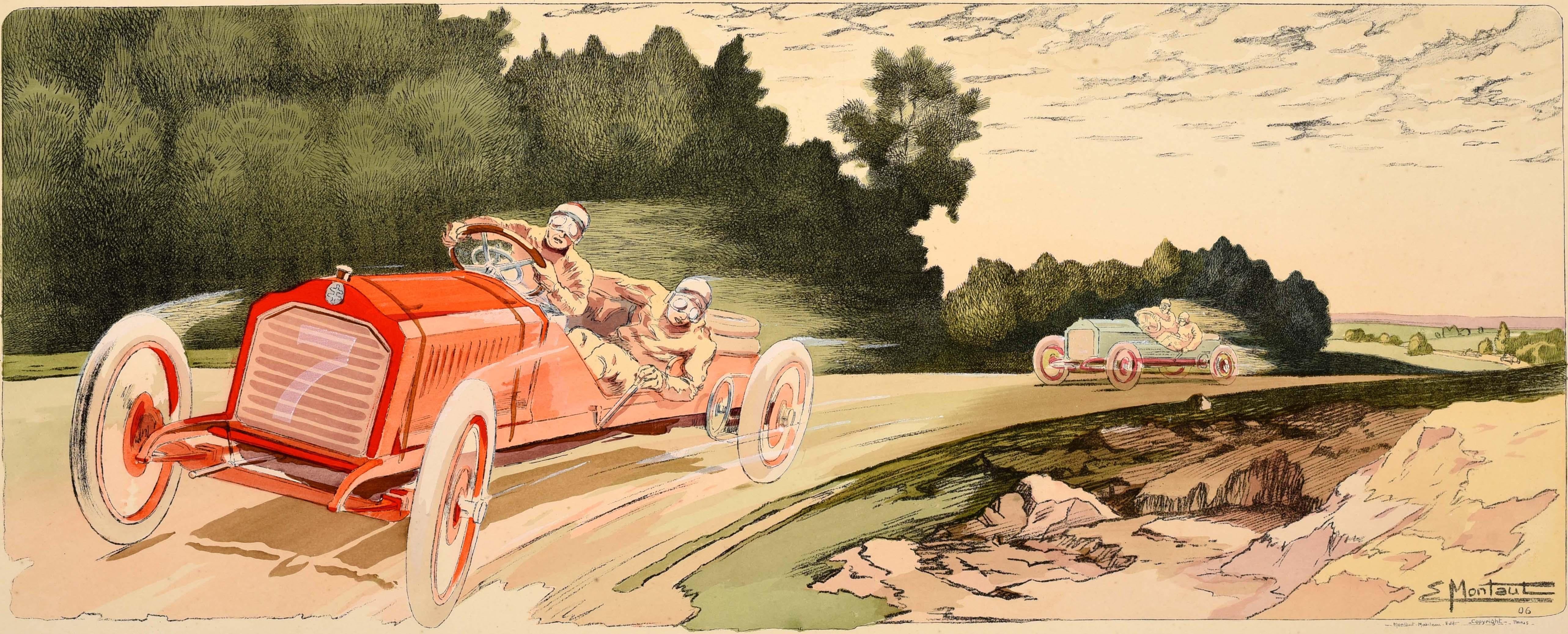 Affiche ancienne originale de sport automobile faisant la promotion d'Arthur Duray, vainqueur de la course Circuit des Ardennes Belge 1906 - Le dessin représente des voitures rouges et vertes courant sur une piste de course pittoresque avec des