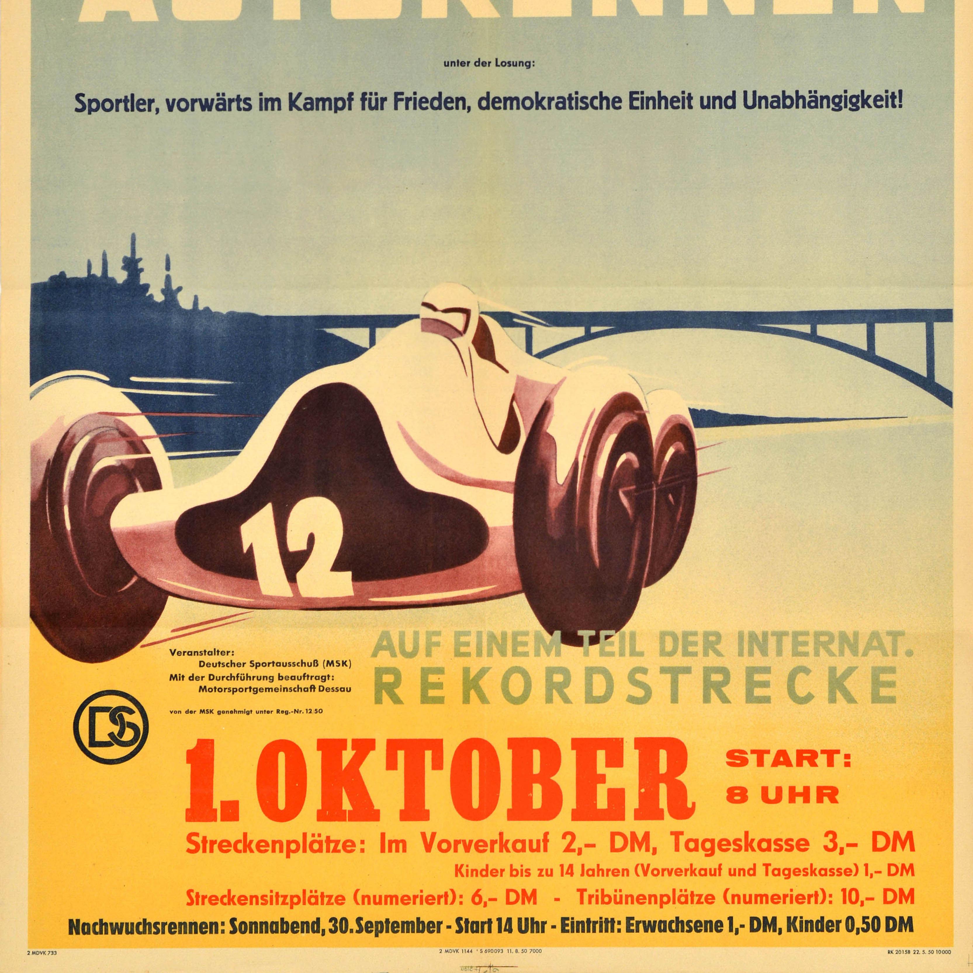 Mid-20th Century Original Vintage Motorsport Poster Dessau Motorcycle Car Race Germany Midcentury For Sale