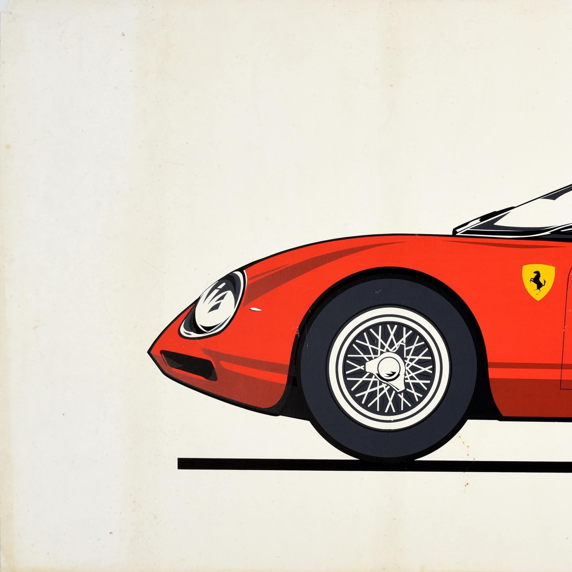 Cartel original de época de automovilismo para el Ferarri 250LM que muestra una magnífica ilustración de perfil lateral de un coche de carreras Ferarri rojo con el número 19 y el icónico logotipo del Cavallino Rampante que representa un caballo