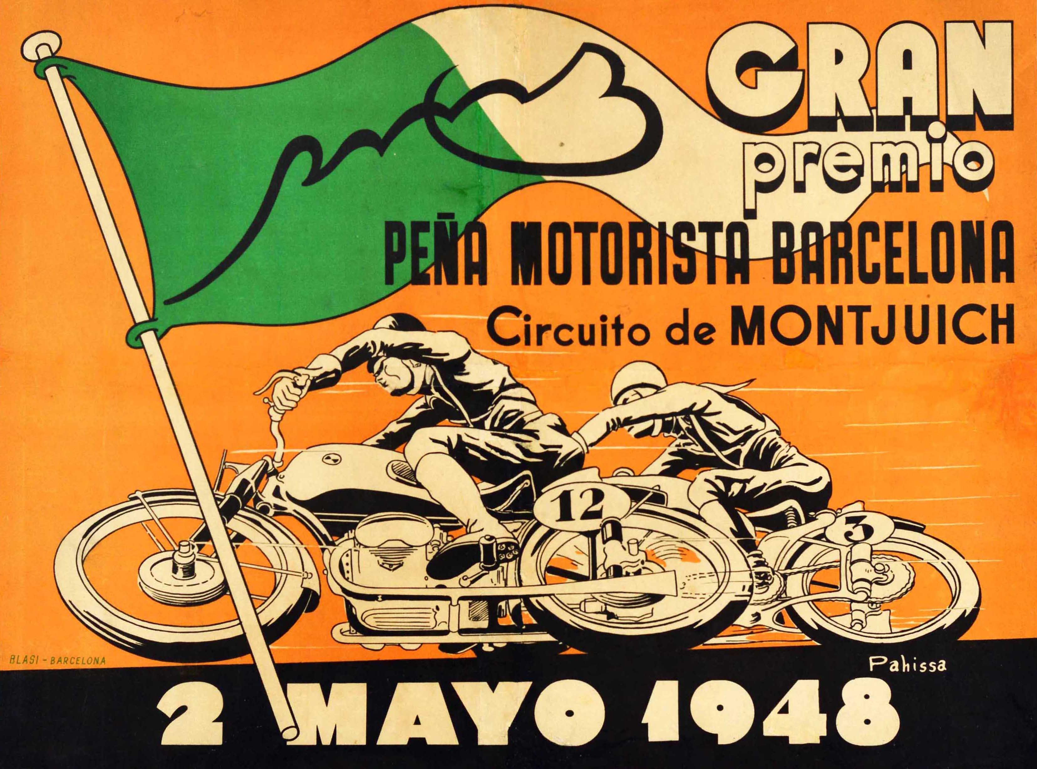 Affiche originale de sport automobile pour le Gran Premio Pena Motorista Barcelona Circuito de Montjuich / Grand Prix Pena Motorista Barcelona Montjuic Circuit le 2 mai 1948, représentant un dessin dynamique de deux motocyclistes sur des motos