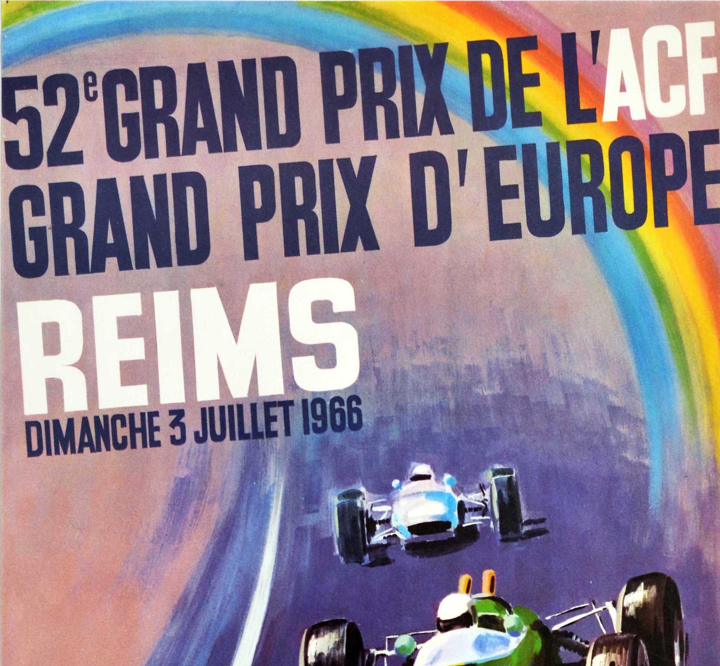 Original vintage Formula 1 auto racing poster for the 52nd ACF Grand Prix European Grand Prix Reims on Sunday 3 July 1966 - 52 Grand Prix De L'ACF Grand Prix D'Europe Reims Dimanche 3 Juillet 1966 - featuring a dynamic illustration by Michel