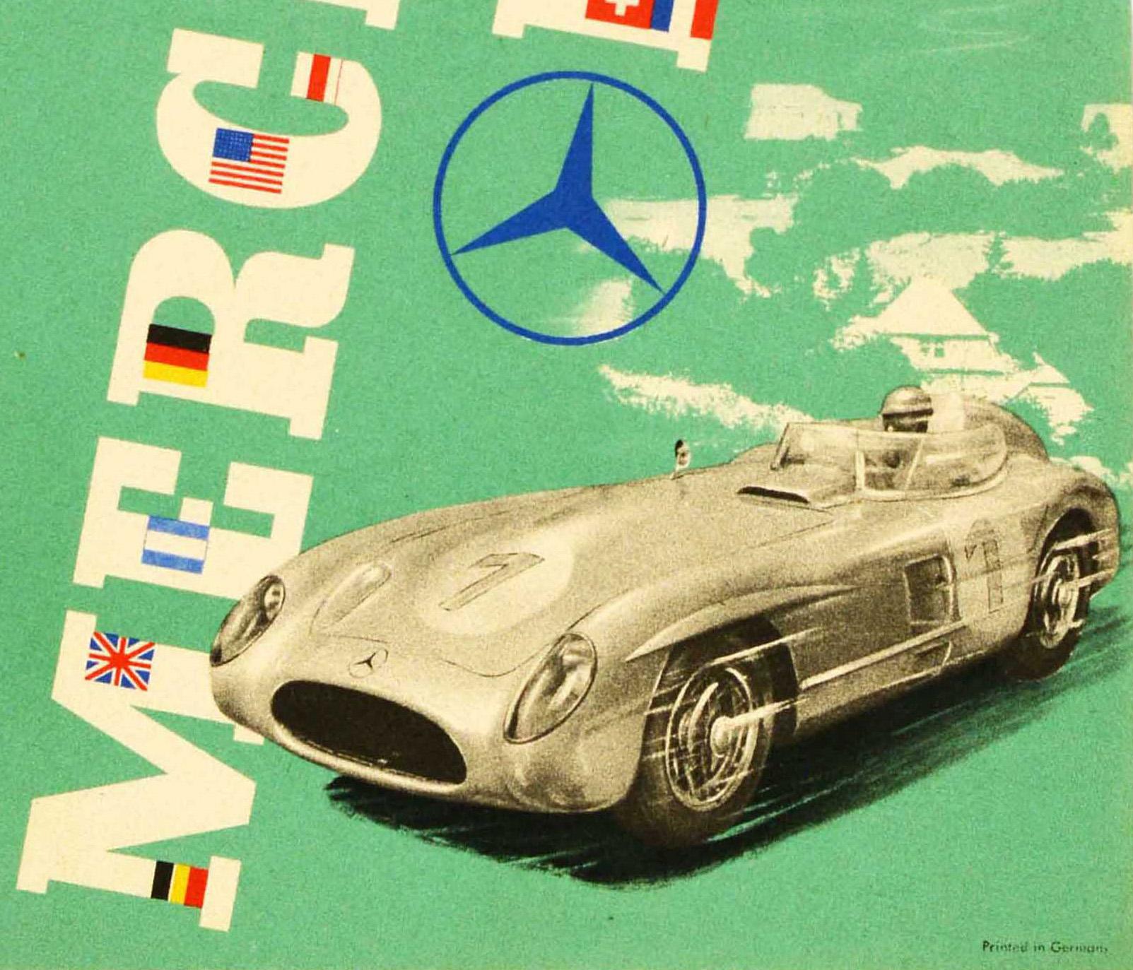 Original vintage motorsport poster celebrating the Mercedes-Benz victory at the XVIII Internat. ADAC Eifelrennen 1955 der Sportwagen (300 SLR) won by the world champion Juan Manuel Fangio in first place 2. Stirling Moss 4. Karl Kling featuring a