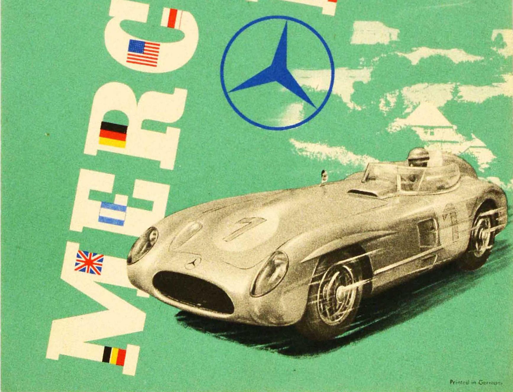 German Original Vintage Motorsport Poster Mercedes Benz Victory ADAC 1955 300SLR Fangio For Sale
