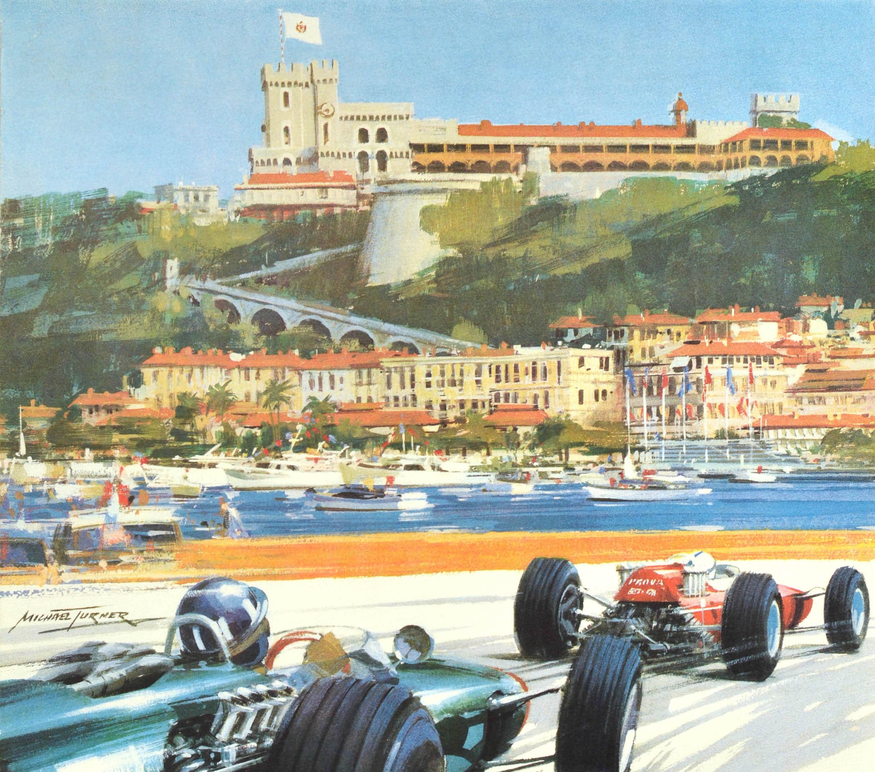 Original vintage F1 motorsport poster for the Monaco GP 1966 featuring a great design by Michael Turner (b. 1934) depicting two classic racing cars driving at speed on a picturesque waterside road with sailing boats in the harbour and the historic