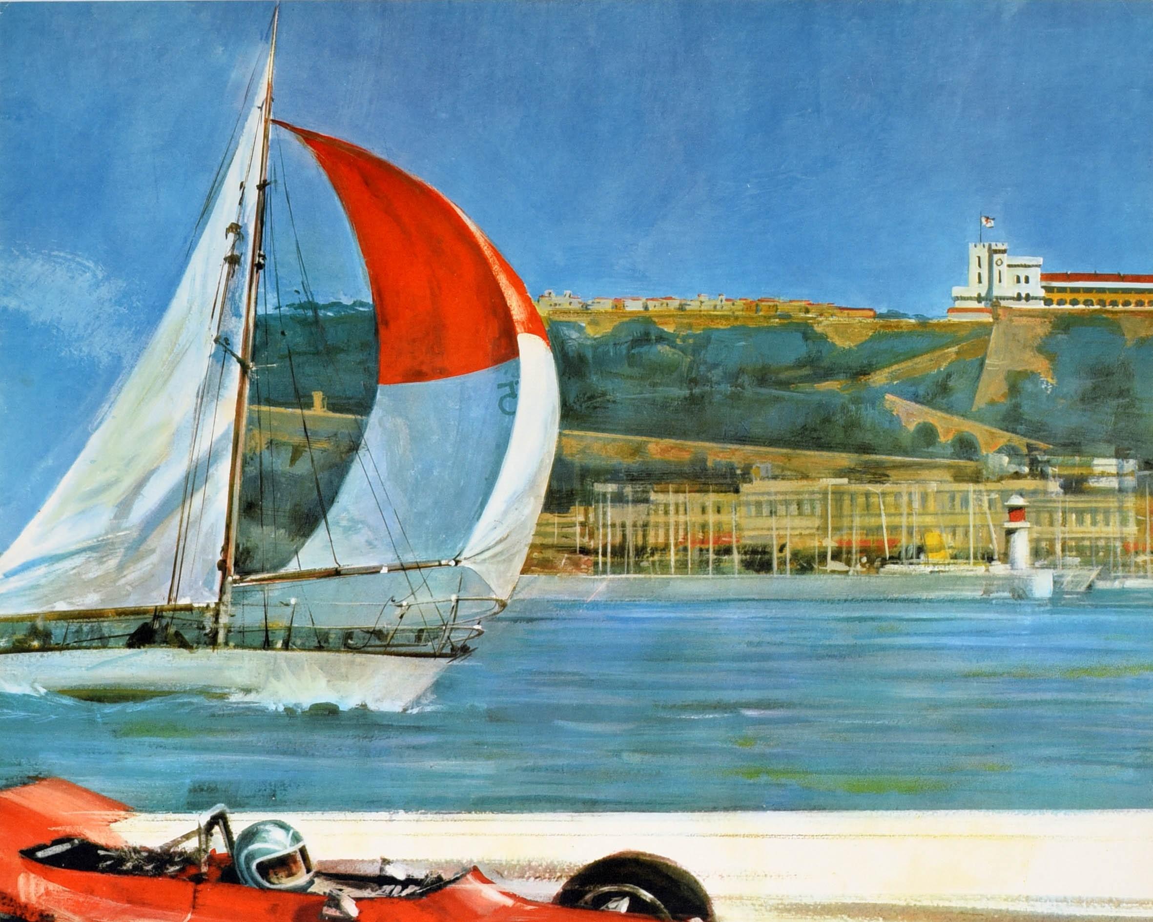 Original vintage sport poster for the Monaco Grand Prix 9-10 May 1970 featuring a dynamic illustration of two formula one cars racing on a road alongside a sailing boat on the water with a lighthouse and buildings on the hillside in the background.