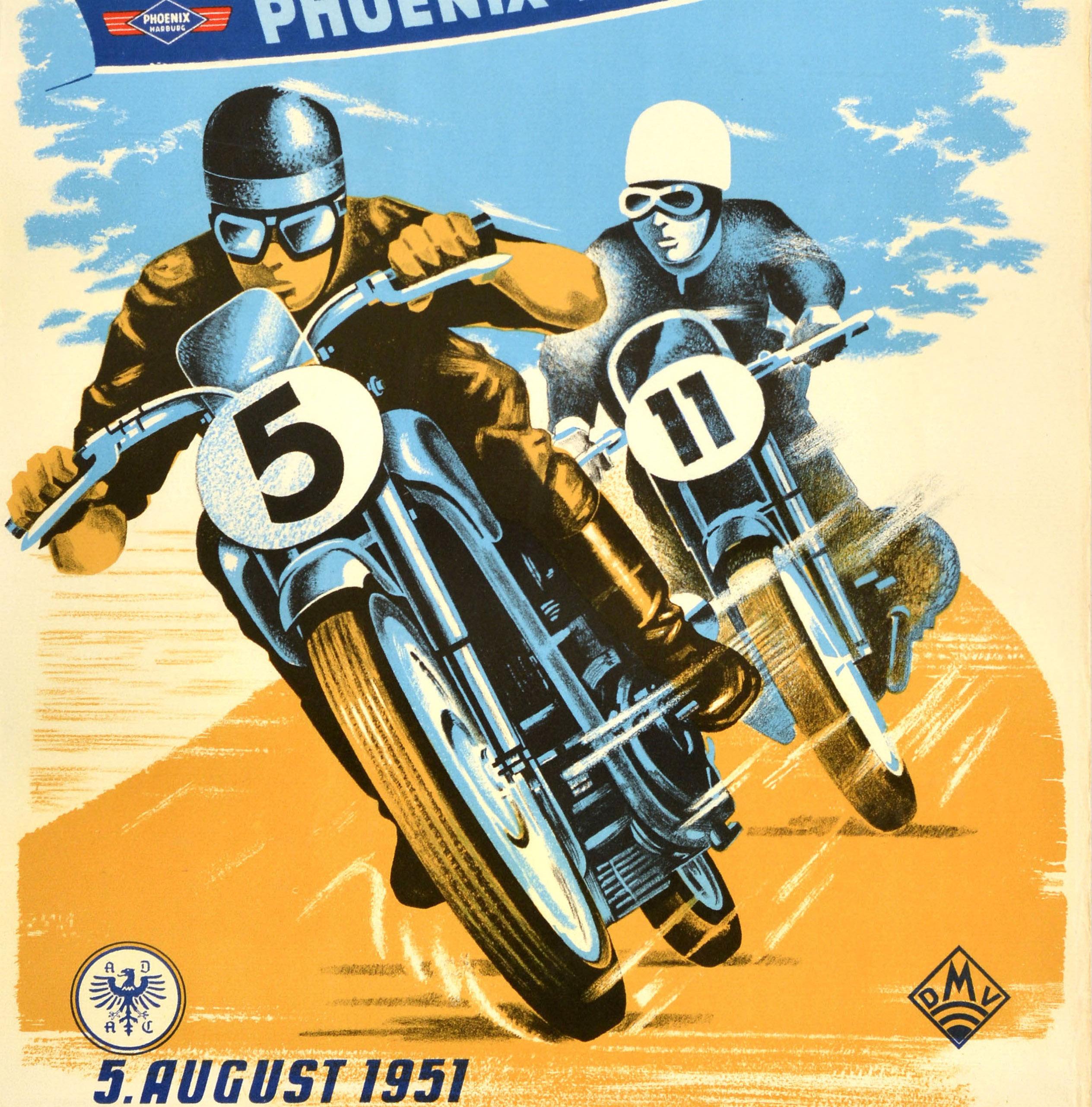 Publicité originale d'époque pour une course sponsorisée par Pheonix Reifen Rund um den Kellersee / Phoenix Tyres autour du lac Kellersee le 5 août 1951 - présentant un dessin coloré montrant deux motocyclistes sur des motos bleues faisant la course