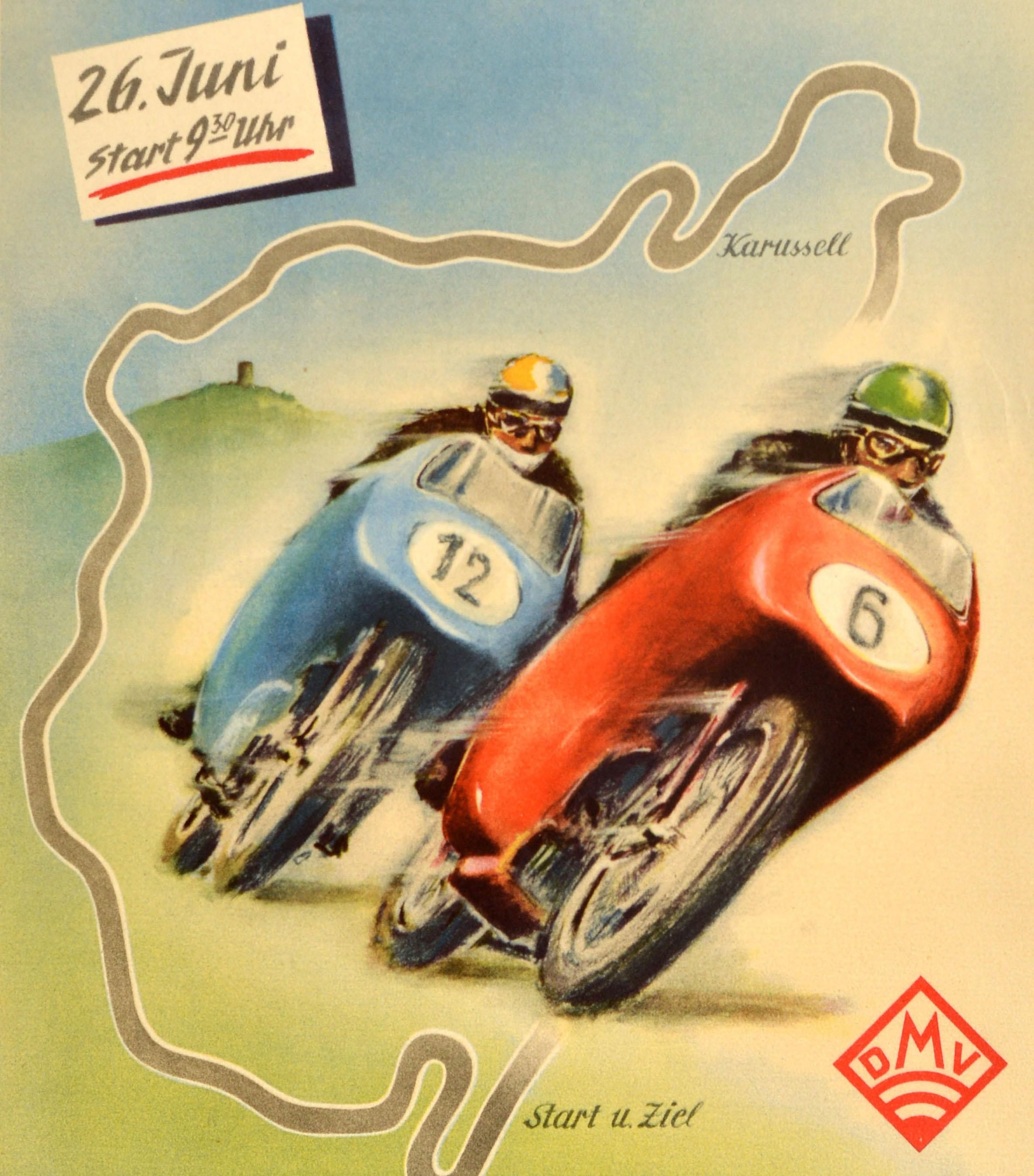 Poster originale d'epoca per il Gran Premio di Germania del Campionato Mondiale di Motociclette con e senza sidecar / Grosser Preis von Deutschland Weltmeisterschaftslauf fur Motorrader mit u ohne Seitenwagen, tenutosi il 26 giugno 1955, con