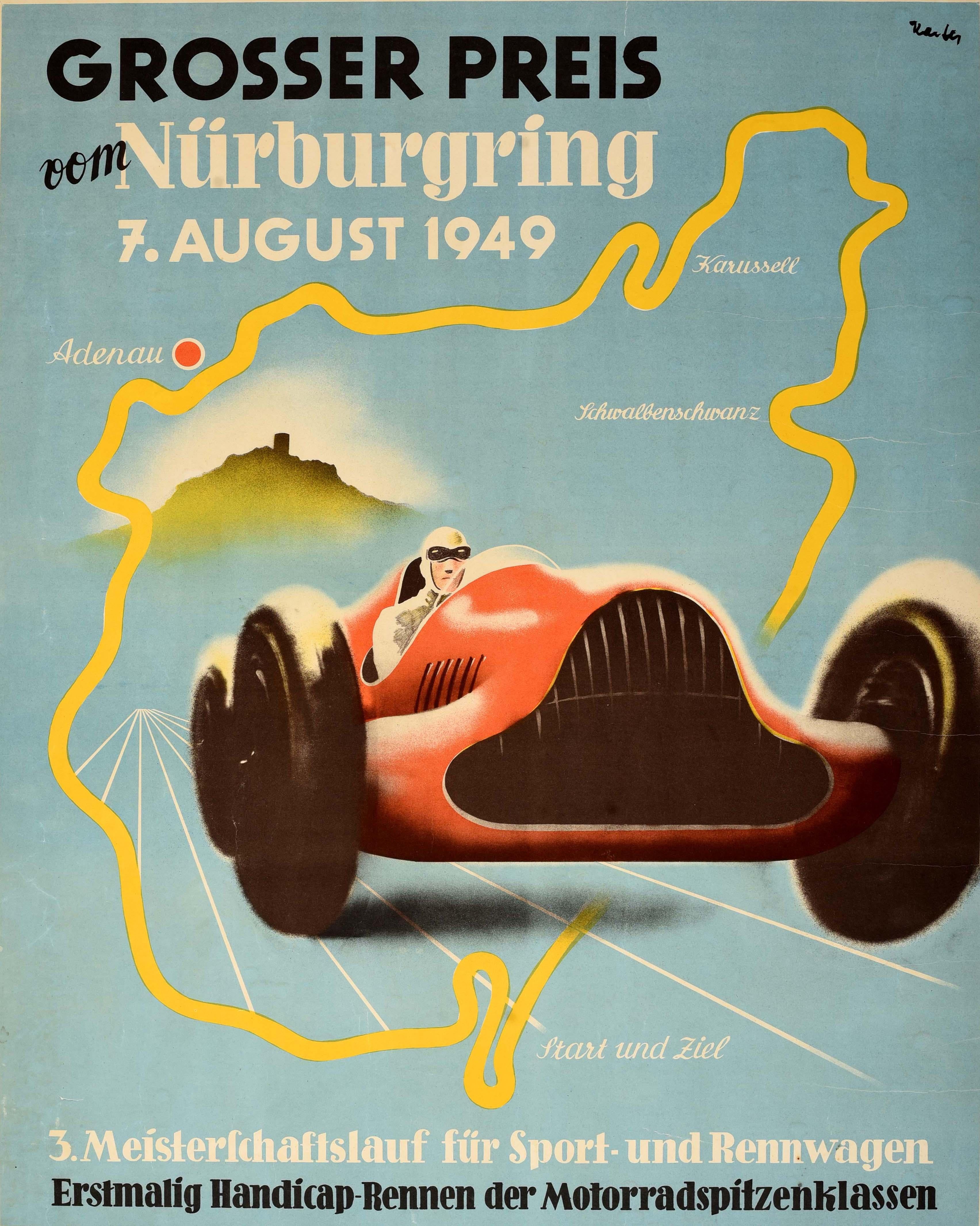 Cartel original de época de automovilismo para el Grosser Preis vom Nurburgring 7 de agosto de 1949 3. Meisterschaftslauf fur Sport und Rennwagen / Nurburgring 3rd Grand Prix Championship Race for Sports and Racing Cars con una gran ilustración que