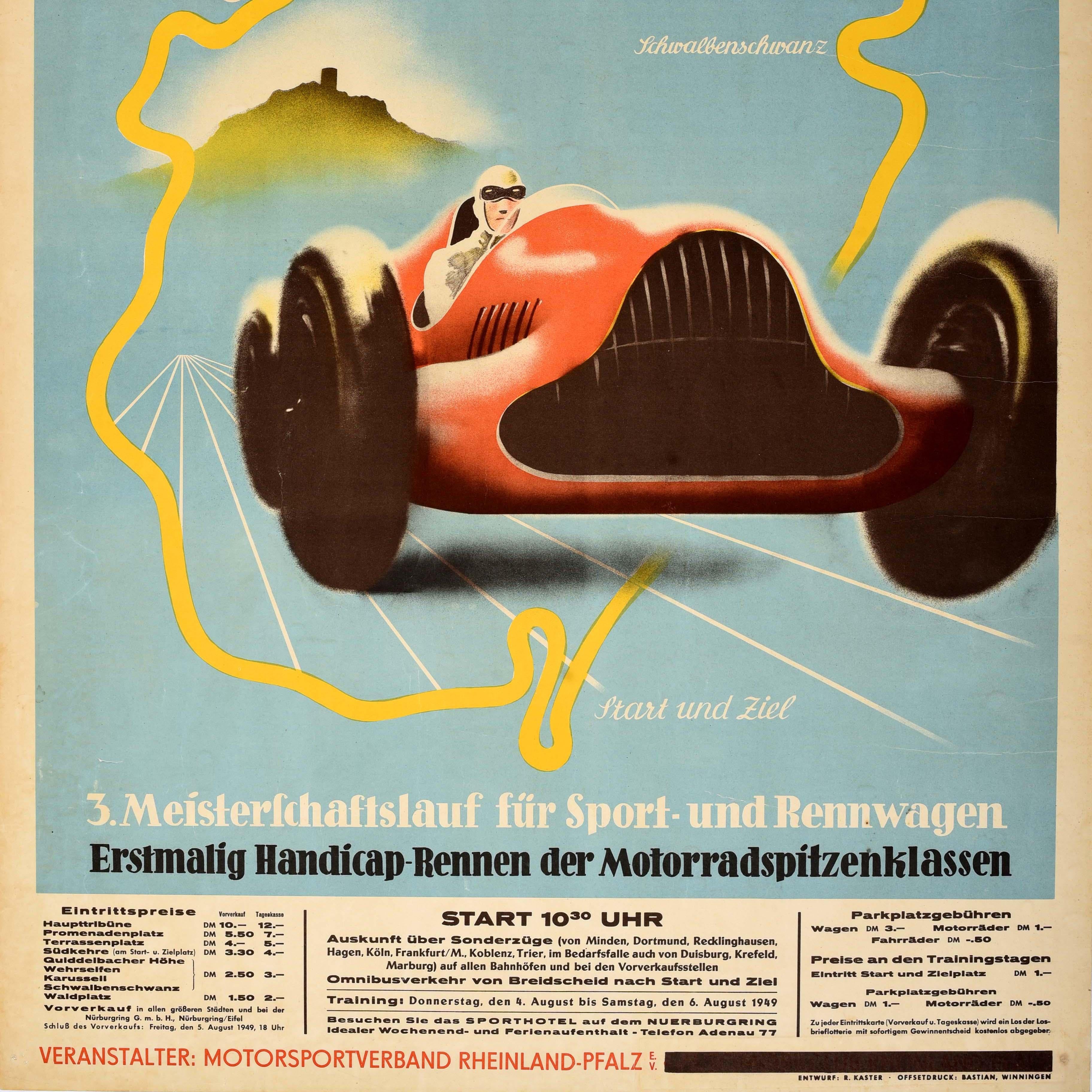 Póster original de automovilismo de época Gran Premio de Nurburgring Silver Arrows Racing Alemán en venta