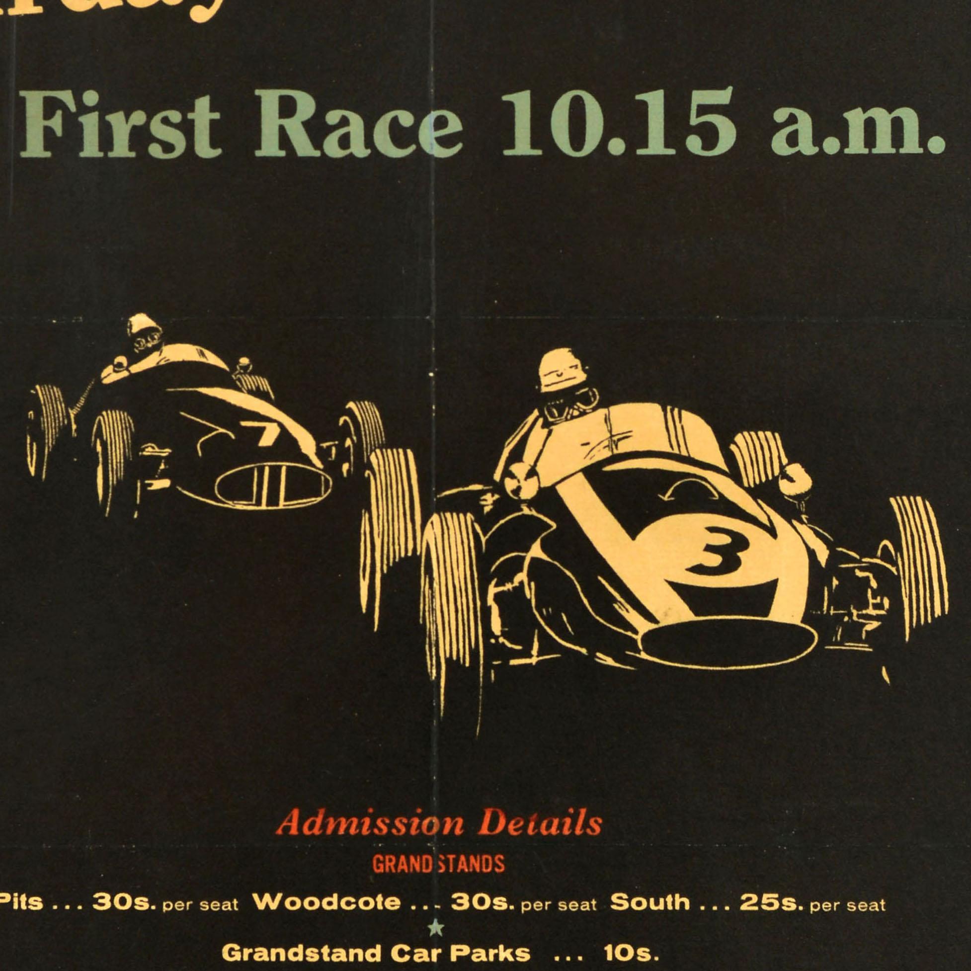 Original vintage Formula One motorsport poster issued by the British Racing Drivers' Club (BRDC) for the 12th International Trophy Meeting held at Silverstone on 14 May 1960 featuring an image of drivers in two Classic racing cars numbered 3 and 7