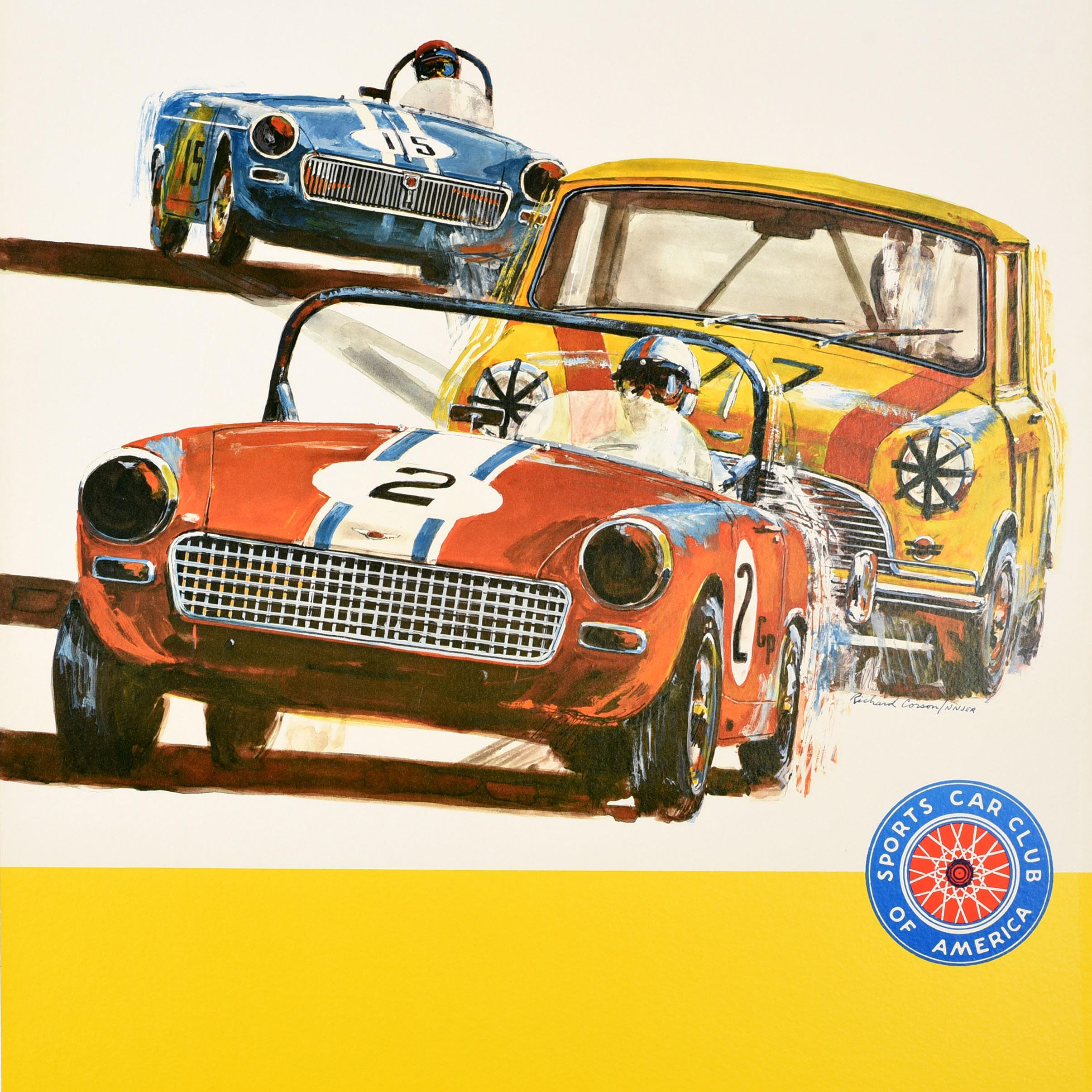 Original vintage motorsport poster for the Sports Car Club of America Sportsmanship Demands Safe Driving featuring artwork of three cars racing towards the viewer with the title text above and logo above the yellow space below. Founded in 1944 the