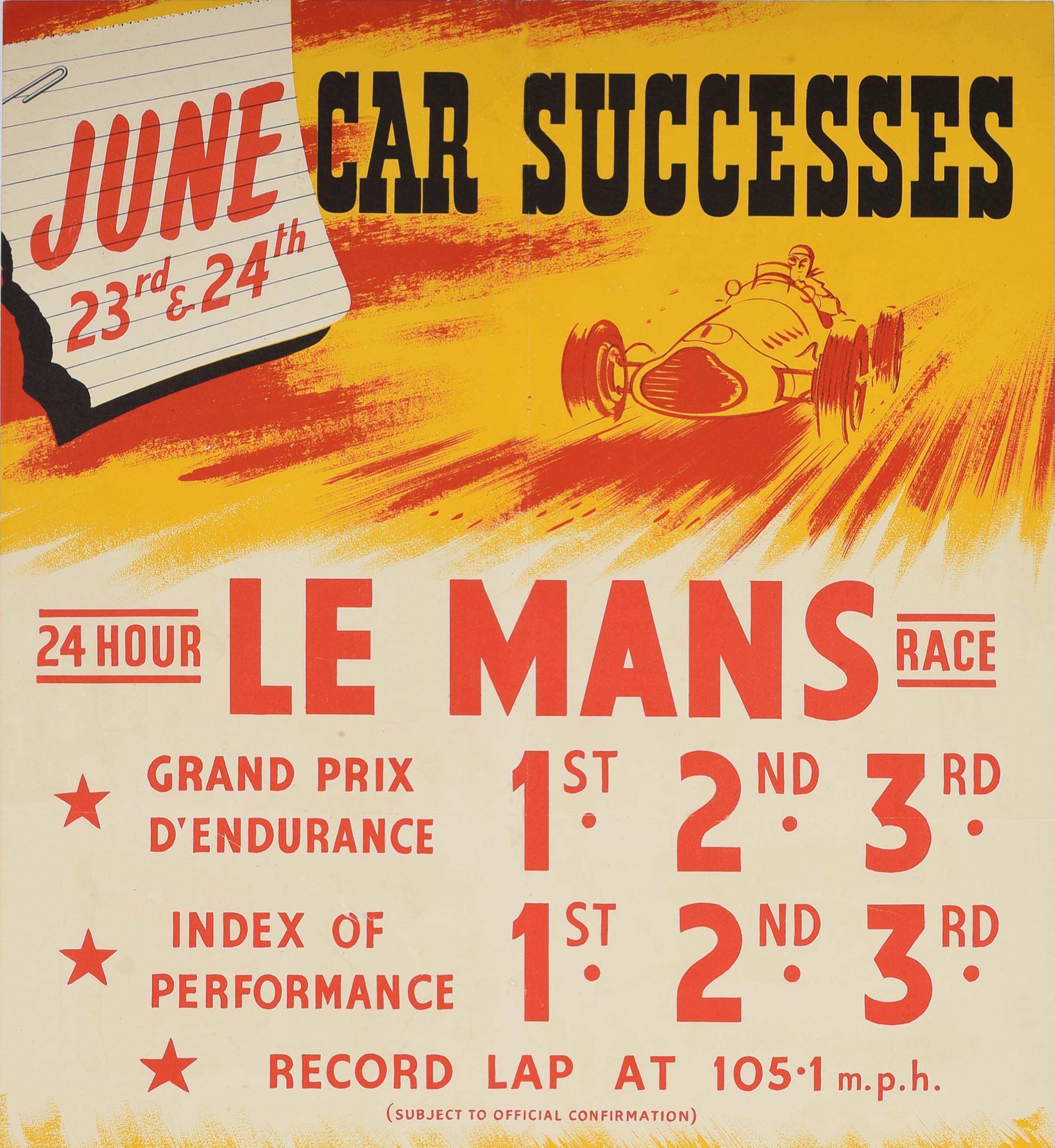 Original vintage motorsport sponsorship poster celebrating the Car Successes 24 Hour Le Mans Race 1st Dunlop featuring a dynamic red and yellow illustration of a classic racing car speeding towards the viewer with the victory in the races on 23 and