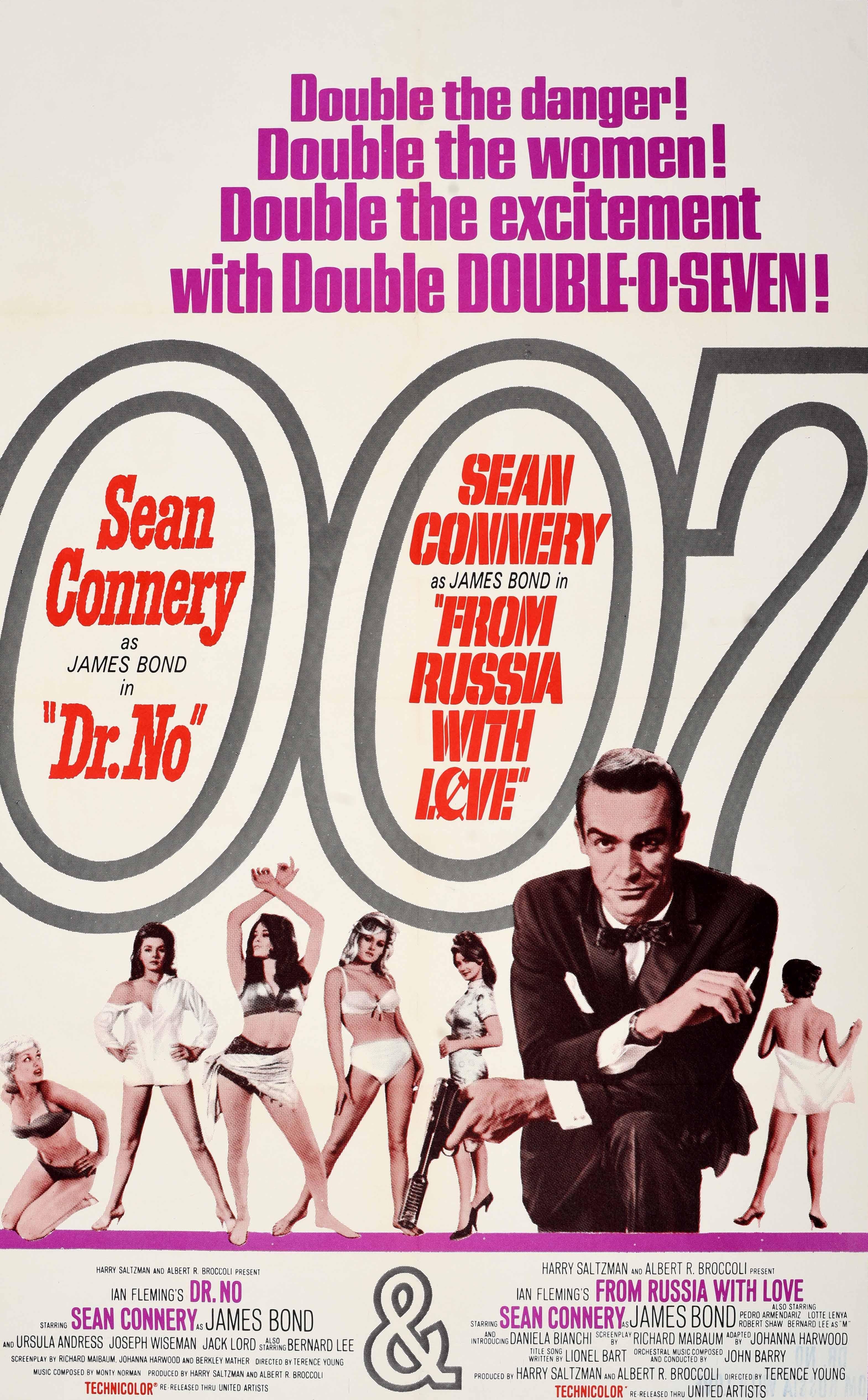 Poster originale d'epoca di 007 James Bond che pubblicizza la doppia uscita di Dr. No e From Russia with Love, entrambi con Sean Connery nei panni di James Bond ed entrambi diretti da Terence Young. Grande immagine che riprende il tema della doppia