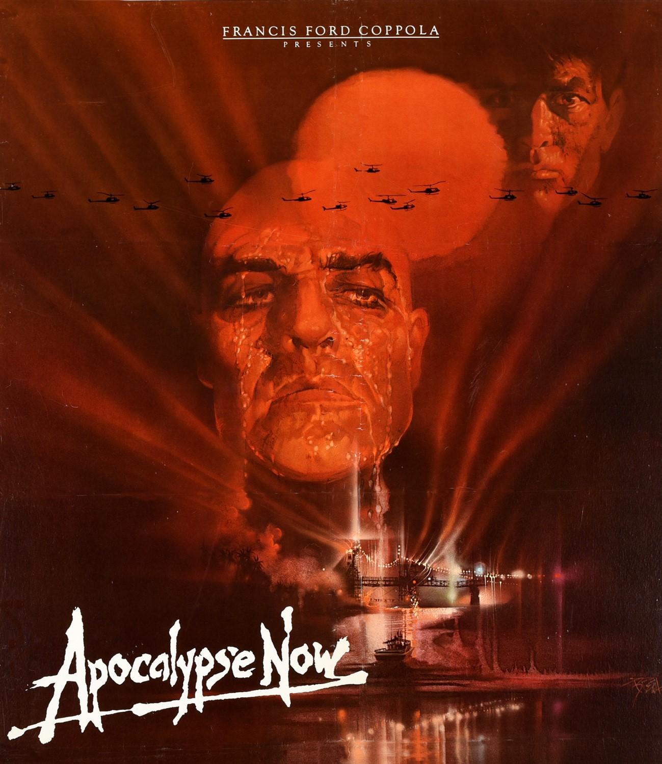 Original vintage movie poster for the Francis Ford Coppola film set during the Vietnam War - Apocalypse Now - starring Martin Sheen, Marlon Brando and Robert Duvall. Classic image featuring military helicopters flying in front of a red sunset with