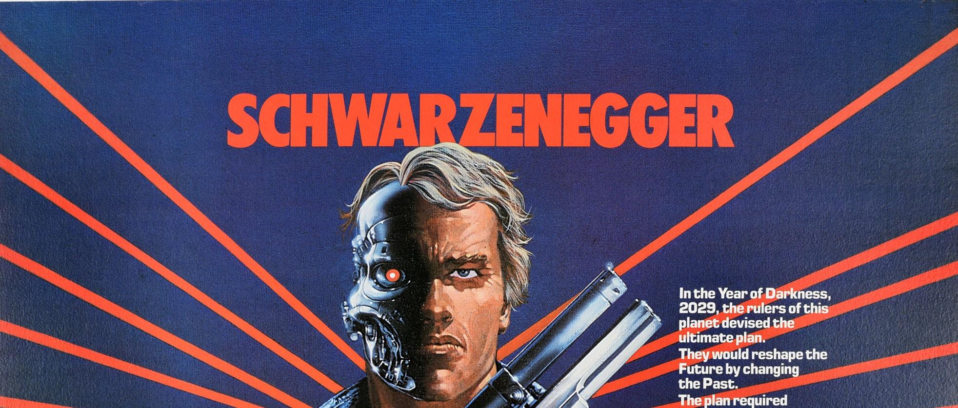 Original vintage UK quad movie poster for the 1984 American science fiction film directed by James Cameron - The Terminator - starring Arnold Schwarzenegger in the lead role, Michael Biehn, Linda Hamilton as Sarah Connor, and Paul Winfield about a