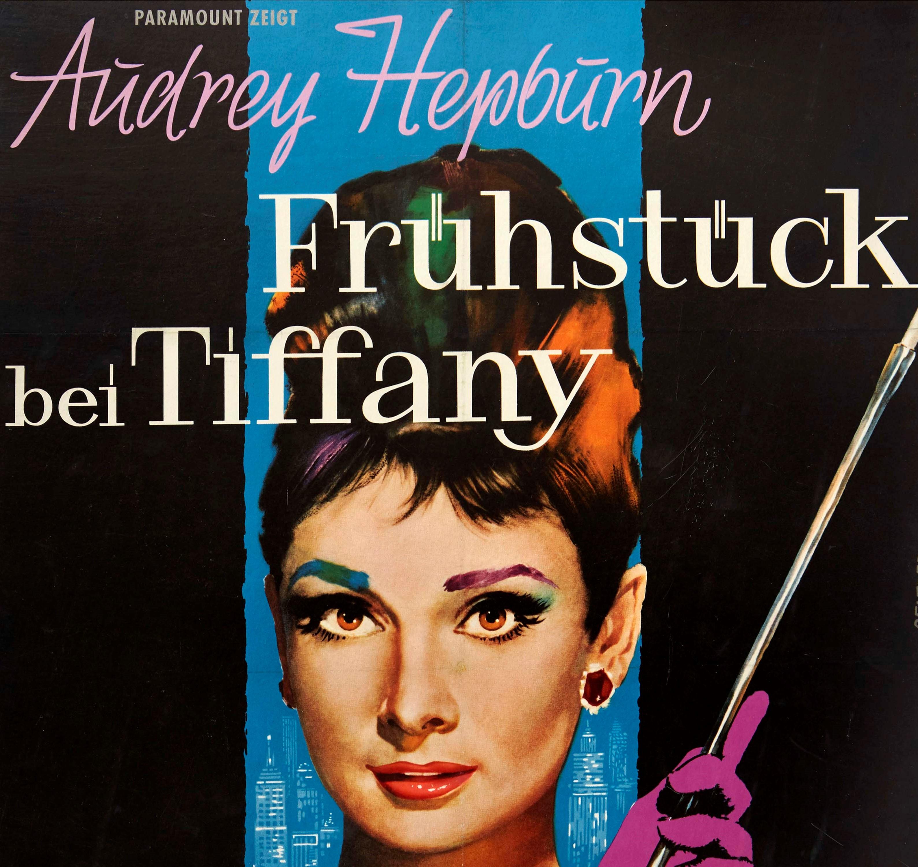 Original vintage movie poster for the German release of the classic film Breakfast at Tiffany's / Fruhstuck bei Tiffany directed by Blake Edwards and starring Audrey Hepburn, George Peppard, Patricia Neal, Buddy Ebsen, Martin Balsam and Mickey