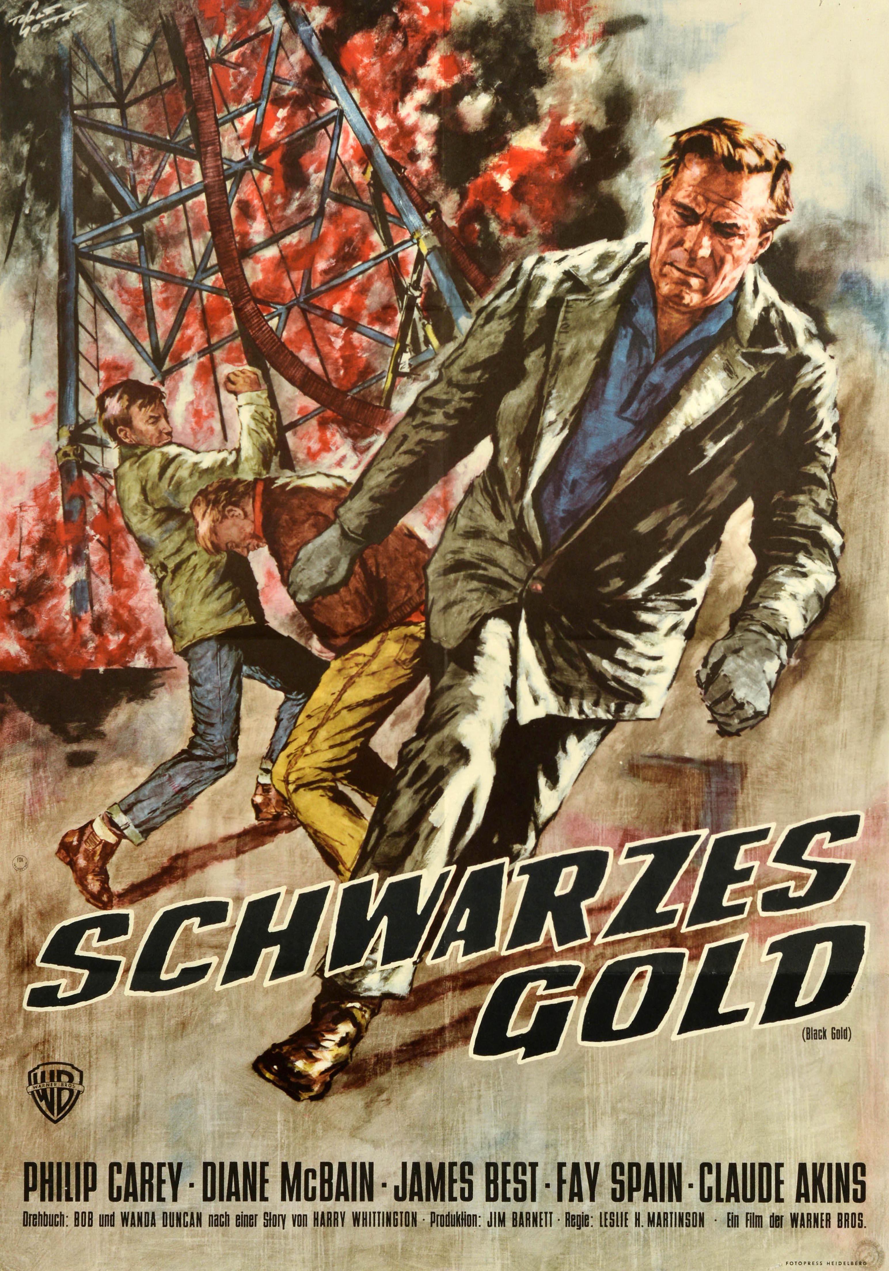 Original Vintage-Filmplakat für einen Action-Abenteuerfilm - Black Gold / Schwarzes Gold - unter der Regie von Leslie H. Martinson, geschrieben von Bob Duncan und Wanda Duncan nach einer Geschichte von Harry Whittington und mit Philip Carey, Diane