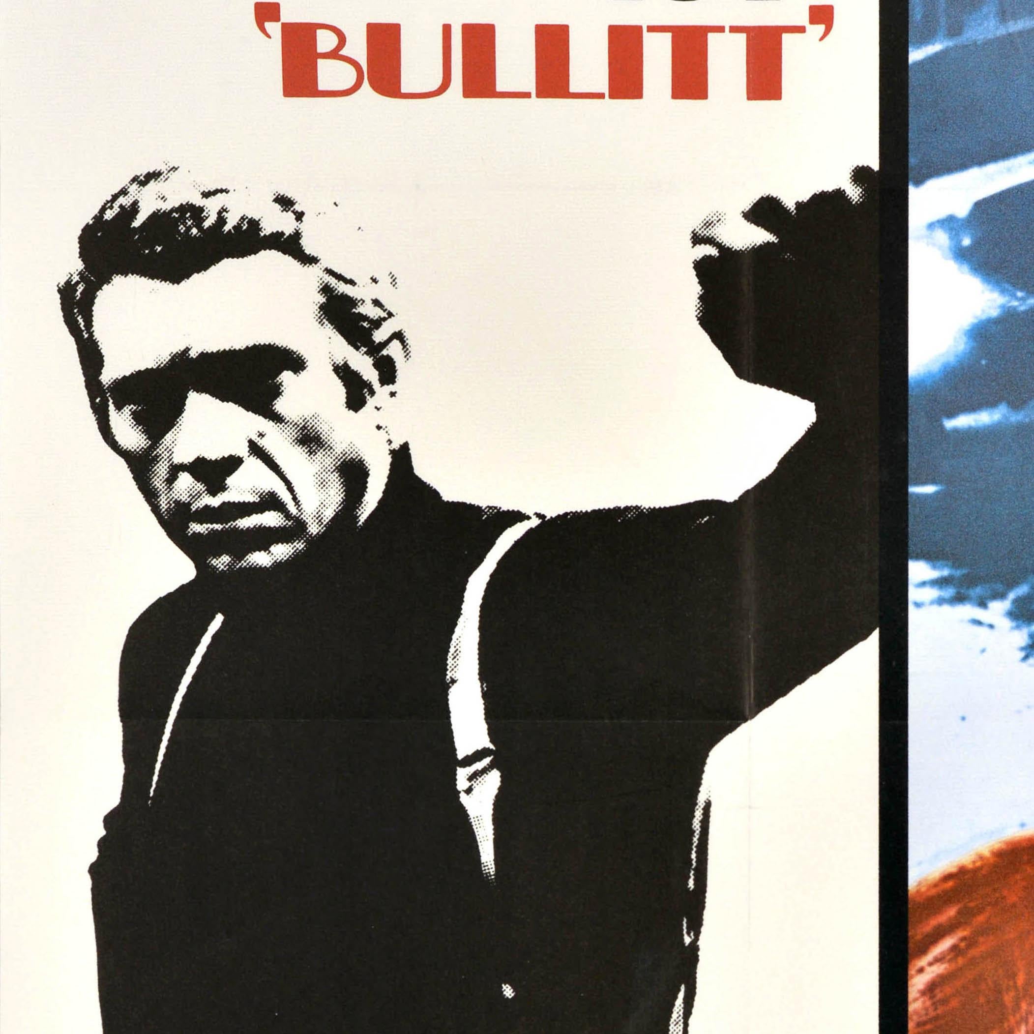 Originales Vintage-Filmplakat für den deutschen Kinostart des amerikanischen Kult-Thrillers Bullitt nach dem Roman Mute Witness von Robert L. Fish aus dem Jahr 1963, unter der Regie von Peter Yates und mit Steve McQueen, Robert Vaughn, Jacqueline