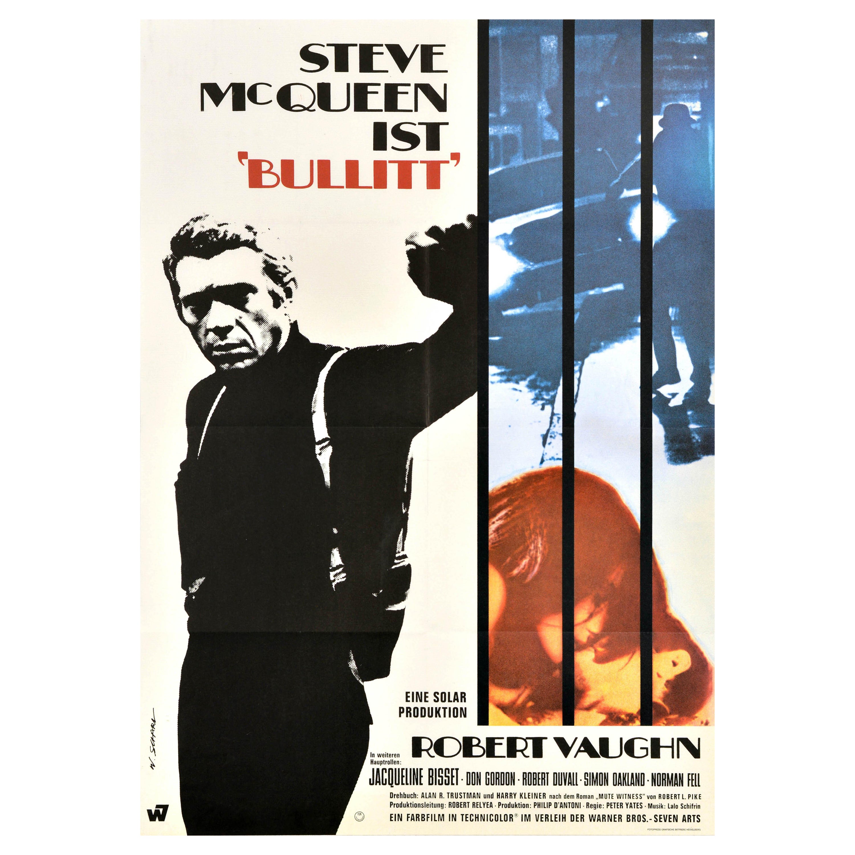 Original Vintage-Filmplakat, Bullitt Steve McQueen, Deutsch, Robert Vaughn, Film