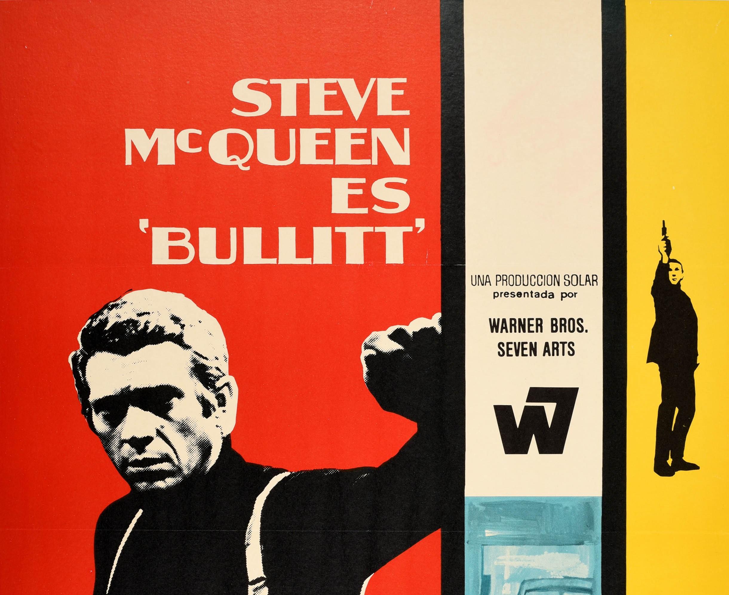Original vintage movie poster for the Spanish release of the award winning cult classic movie Bullitt (released in the US in 1968) starring Steve McQueen with Robert Vaughn, Jacqueline Bisset and Robert Duvall featuring a great design depicting a