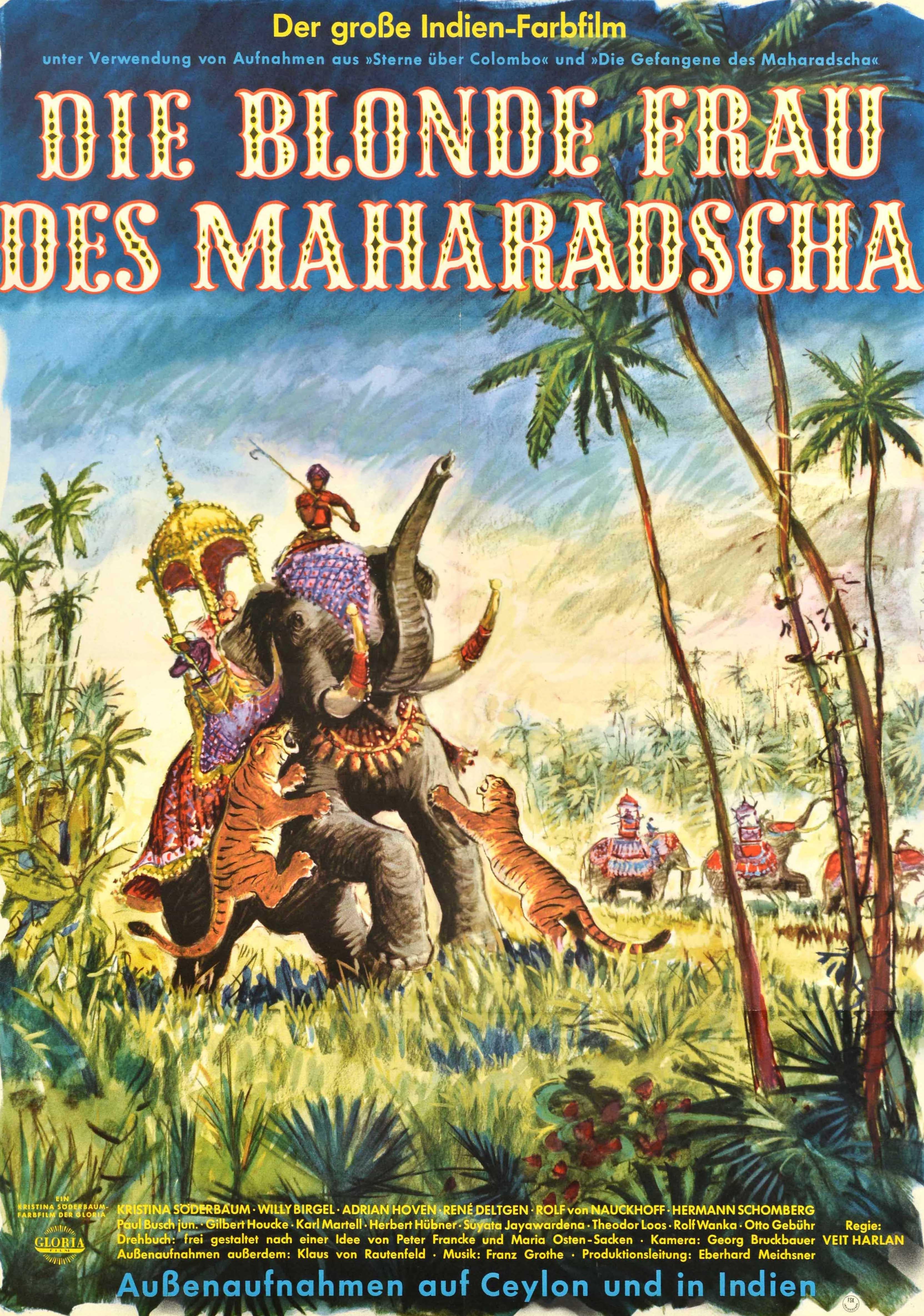 Poster cinematografico originale d'epoca per il film d'avventura del 1962 Die blonde Frau des Maharadscha / The Maharajah's Blonde diretto da Veit Harlan e interpretato da Kristina Söderbaum nel ruolo della cavallerizza del circo Yrida, Willy Birgel