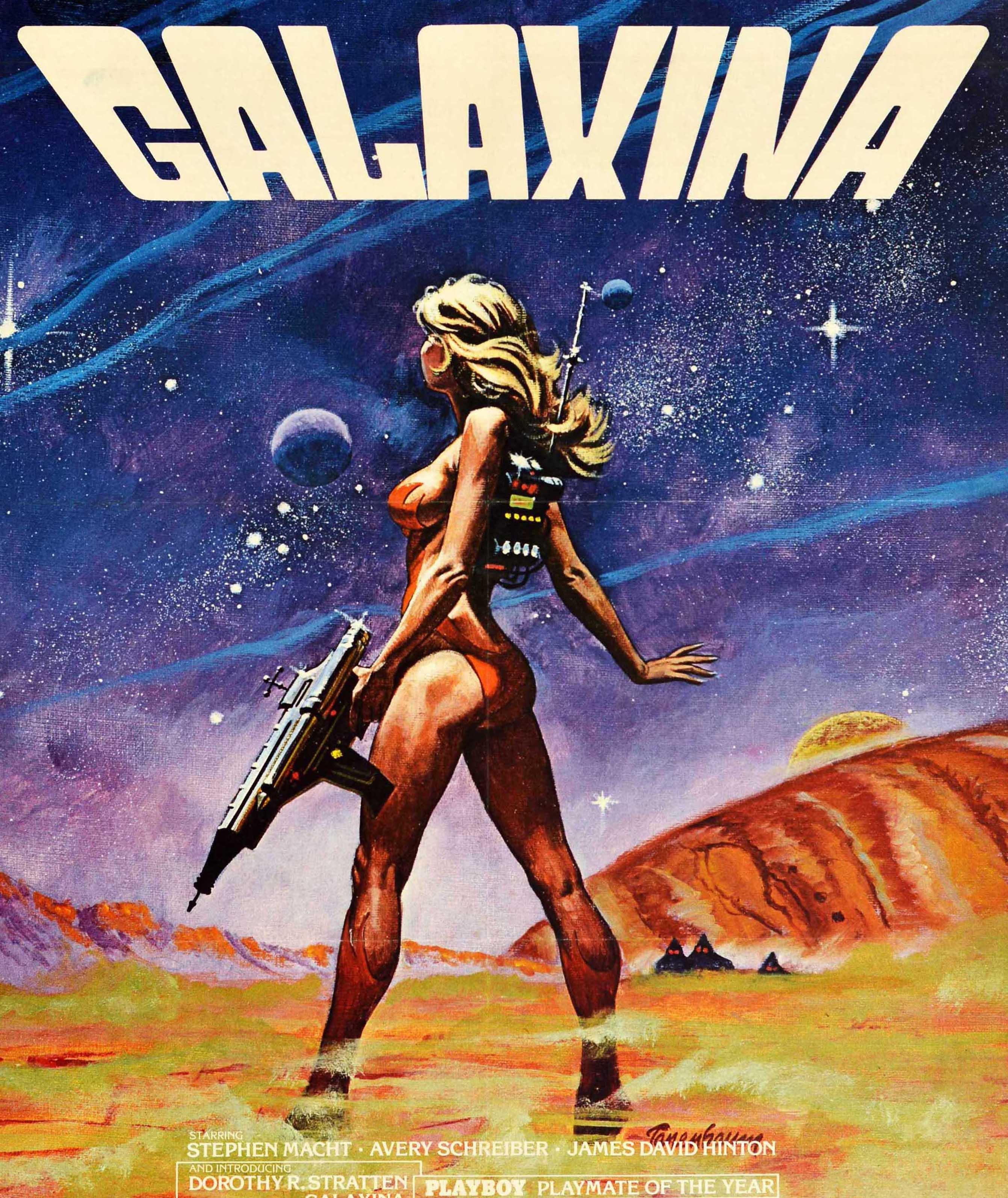 Original vintage movie poster for an American science fiction space comedy film Galaxina directed by William Sachs and starring Stephen Macht, Avery Schreiber, James David Hinton and introducing the 1980 Playboy Playmate of the Year Dorothy Stratten