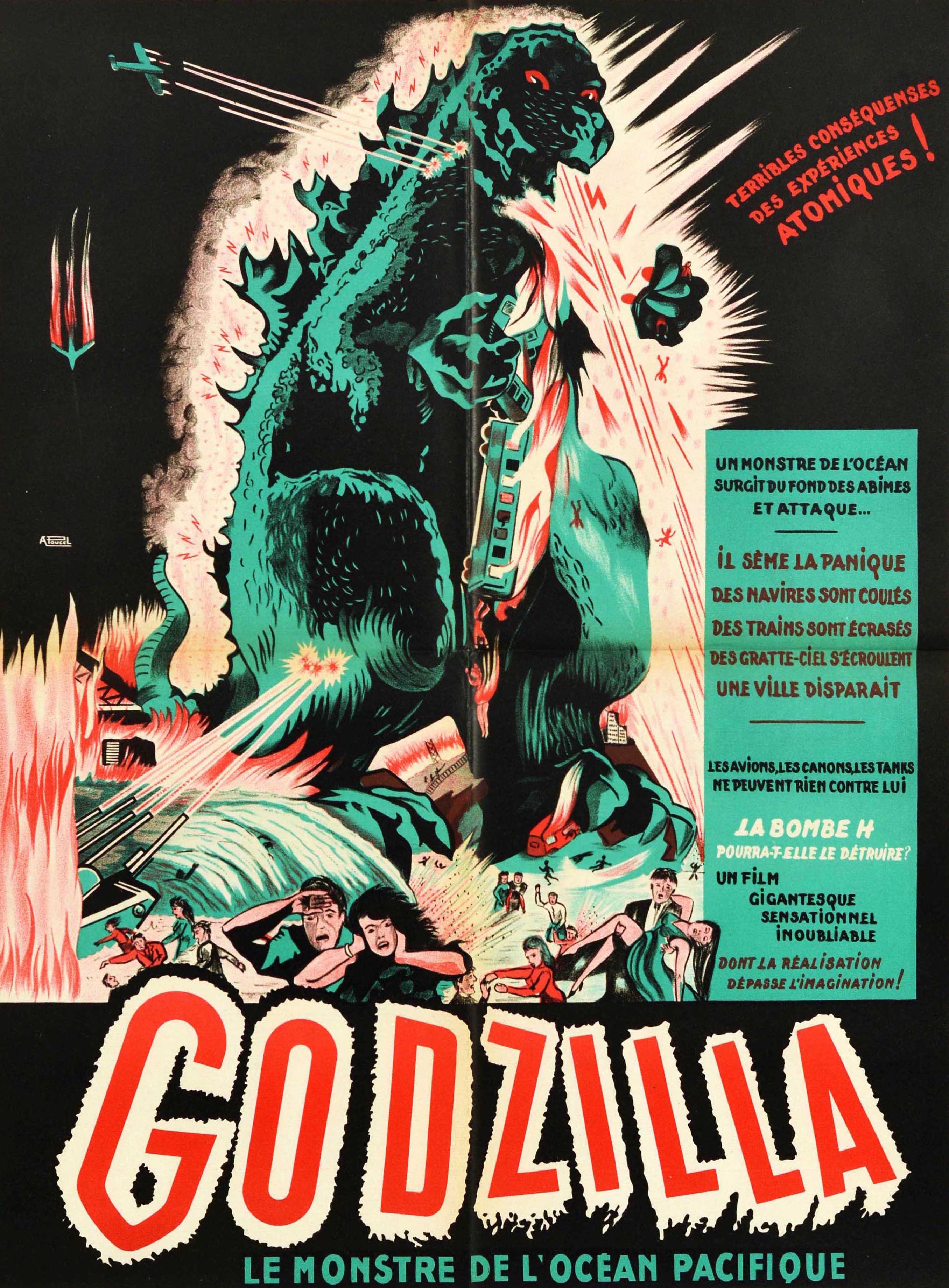 Original vintage movie poster for a science fiction action horror film - Godzilla Le Monstre de l'Ocean Pacifique / The Monster of the Pacific Ocean - featuring a dynamic scifi illustration of people fleeing in terror from the creature Godzilla with